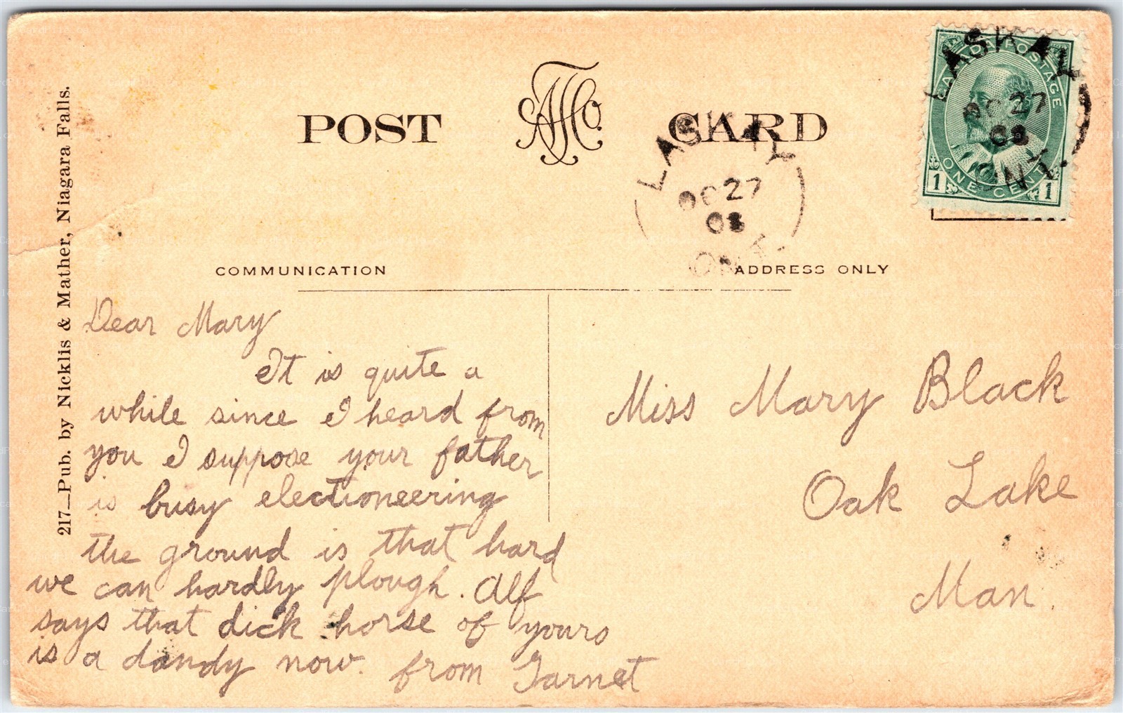 Postcard c1908 Split Ring Cancel Laskay Ontario Niagara Falls View