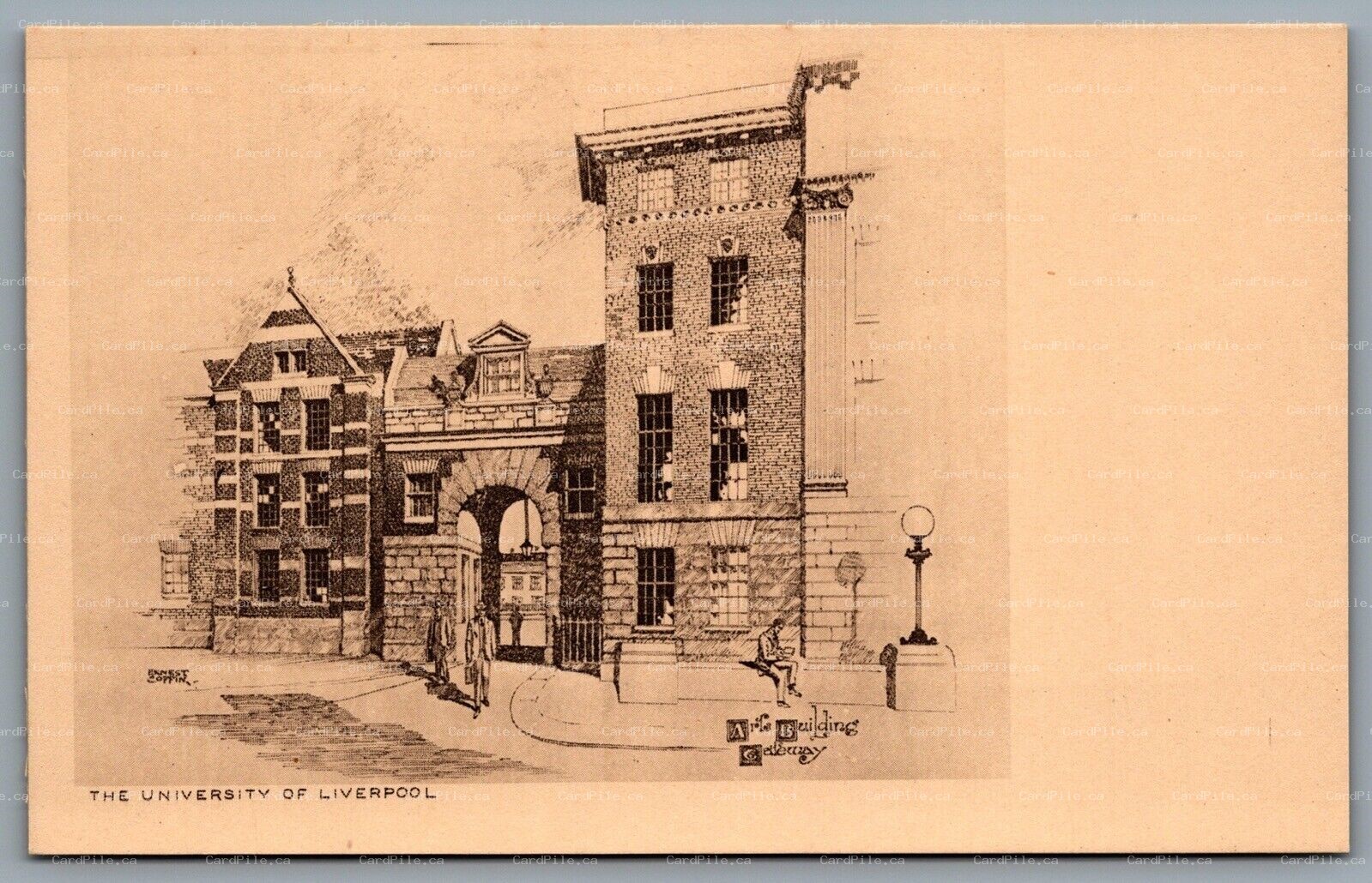 Postcard UK c1920s University of Liverpool Arist Signed Arts Building Gateway