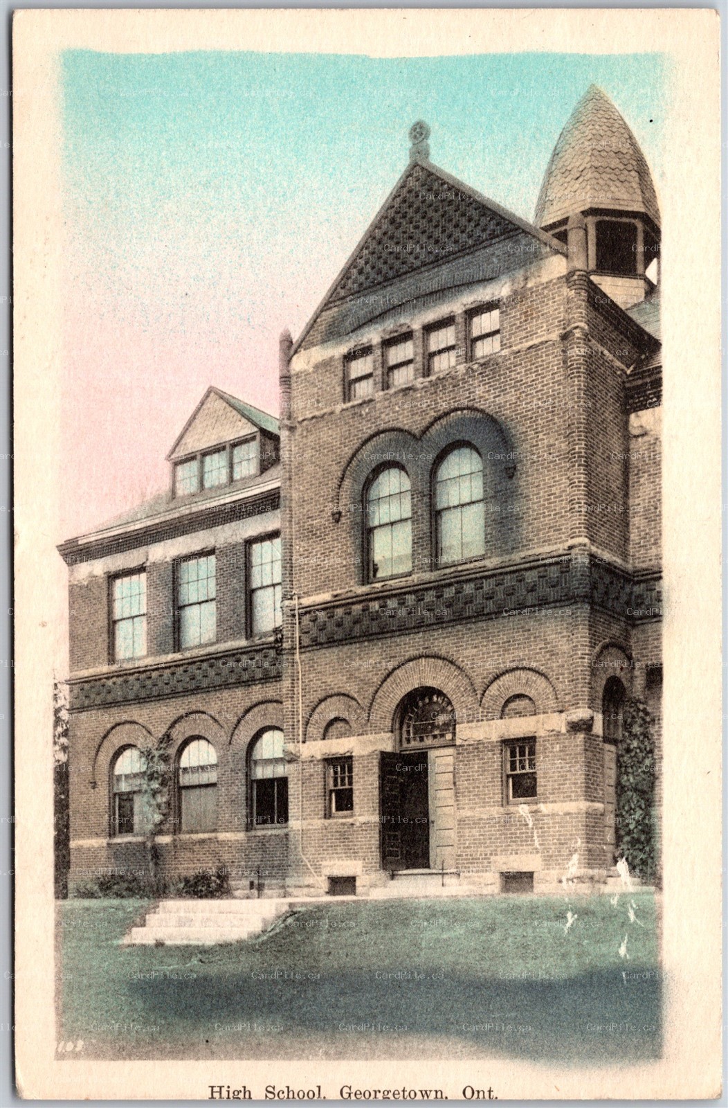 Postcard Georgetown Ontario 1910s High School Hand Tinted Halton Co. Heliotype