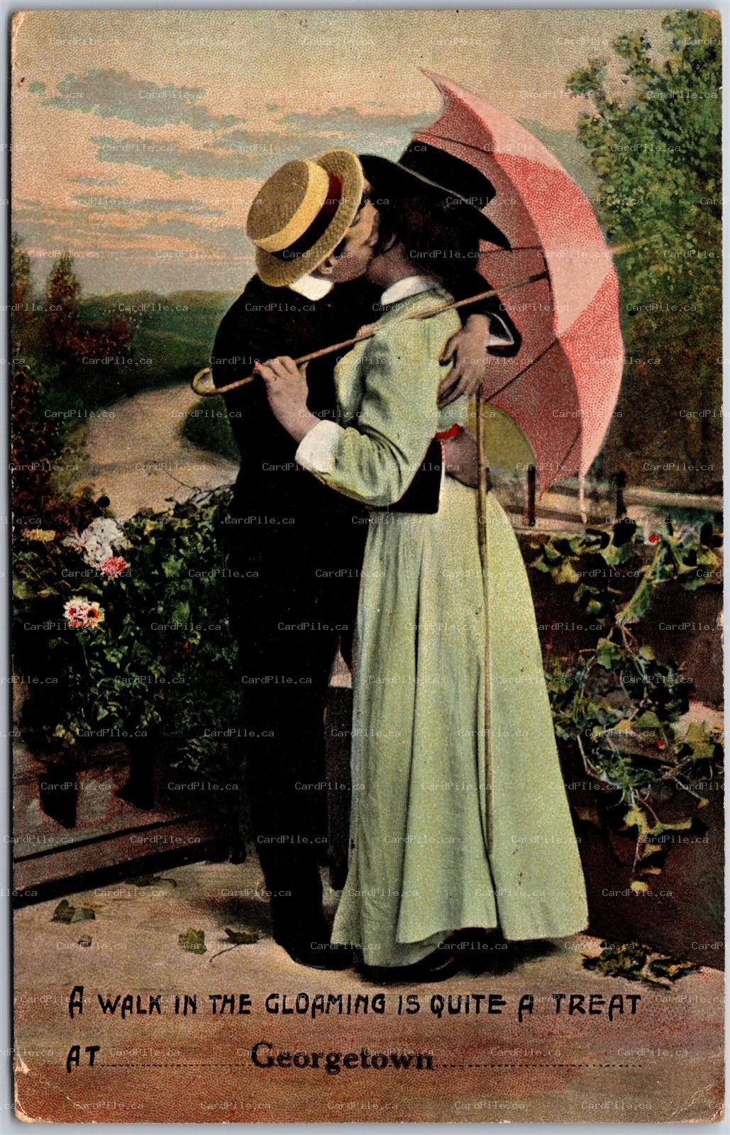 Postcard c1910 Georgetown Ontario Romance Couple Kissing Umbrella Halton County