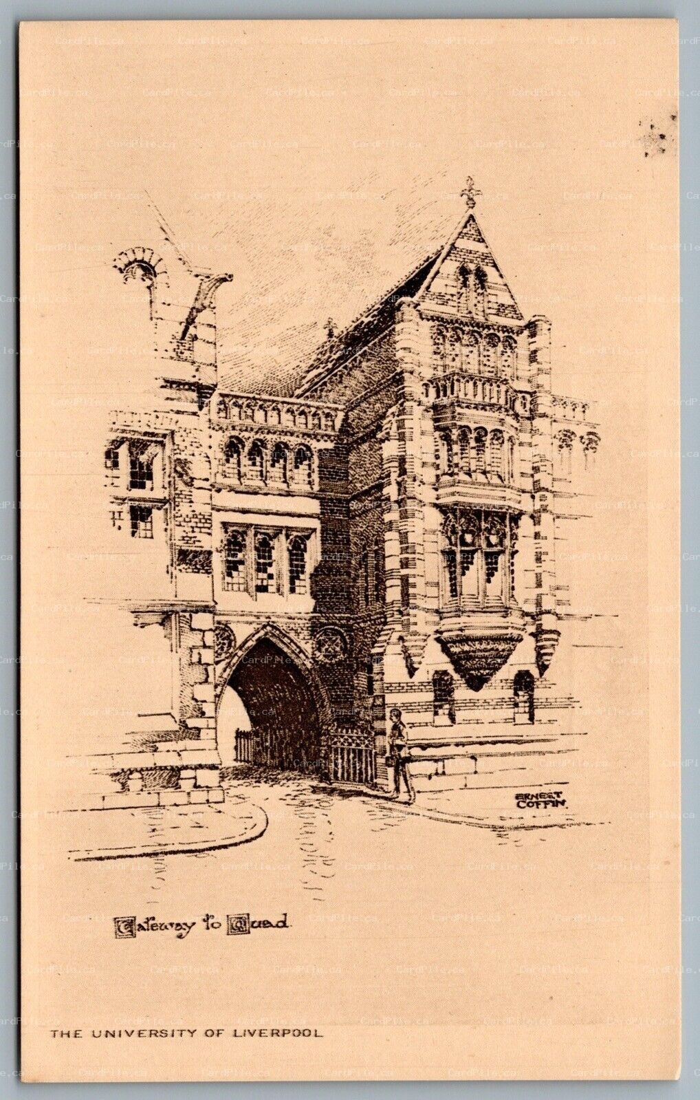 Postcard UK c1920s University of Liverpool Arist Signed Gateway to Quad