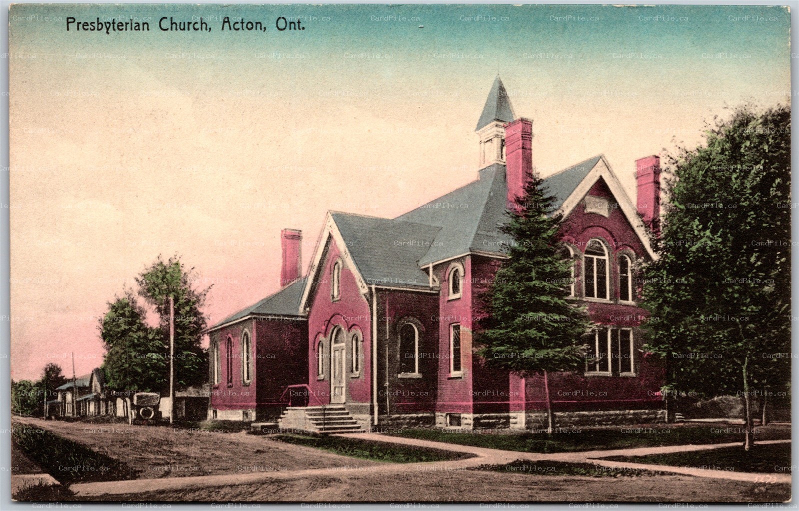 Postcard Acton Ontario Presbyterian Church Hand Tinted Halton Co by J. E. Evans