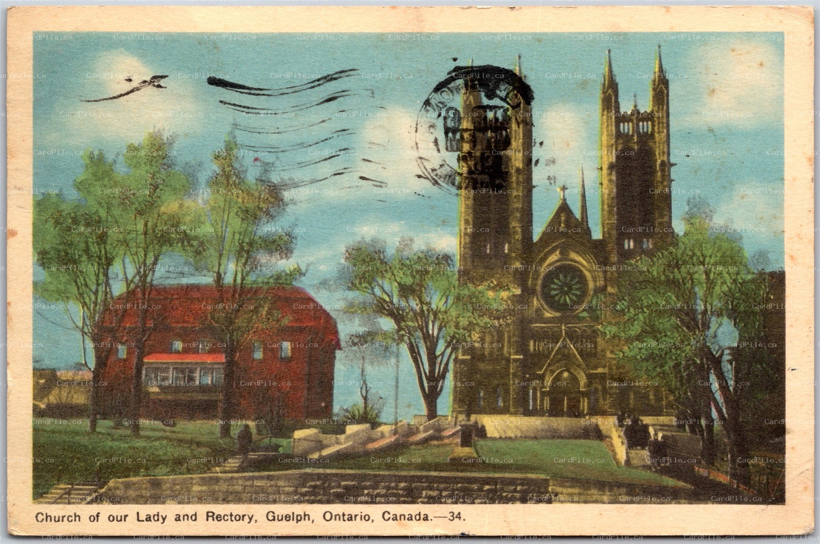 Postcard Guelph Ontario c1952 Church of our Lady and Rectory by PECO