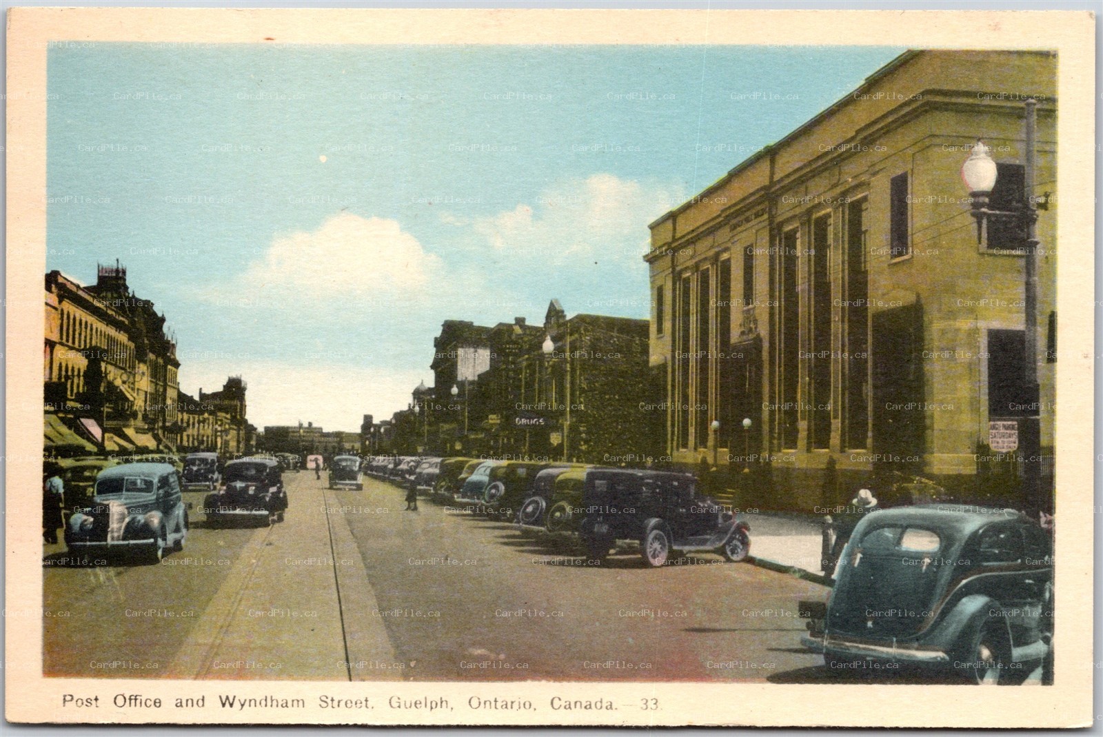 Postcard Guelph Ontario c1940s Post Office and Wyndham Street Old Cars by PECO