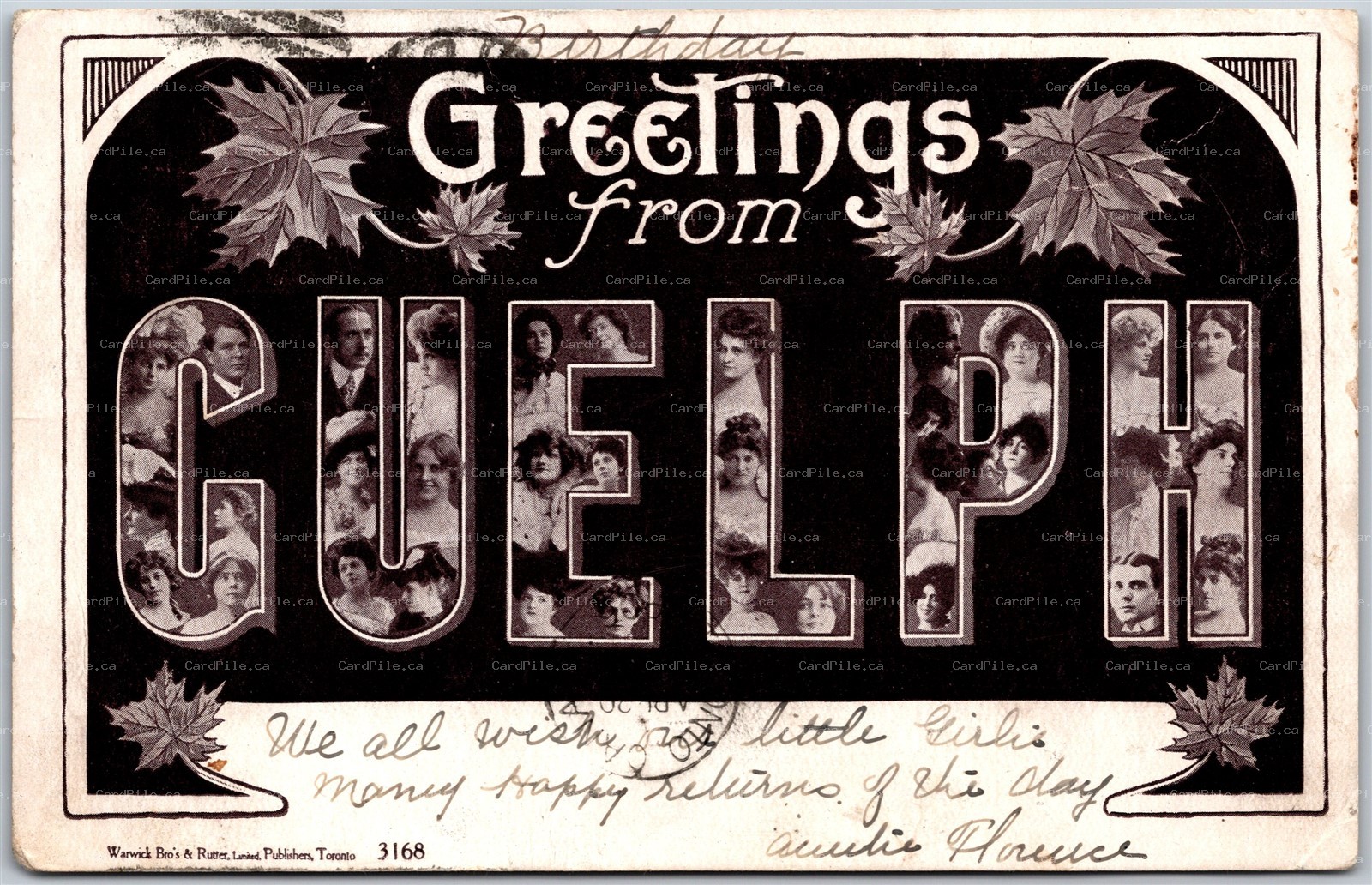 Postcard Guelph Ontario c1906 Large Letter Greetings Pretty Ladies by Warwick