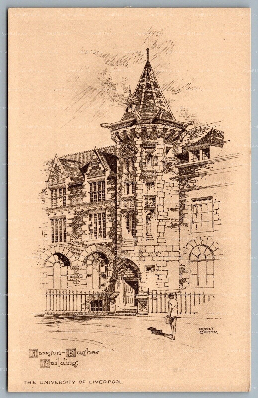 Postcard UK c1920s University of Liverpool Arist Signed Harrison Hughes Building