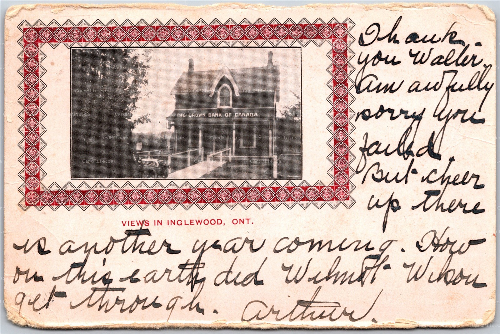 Postcard Inglewood Ontario c1908 Crown Bank of Canada Peel Region Split Ring
