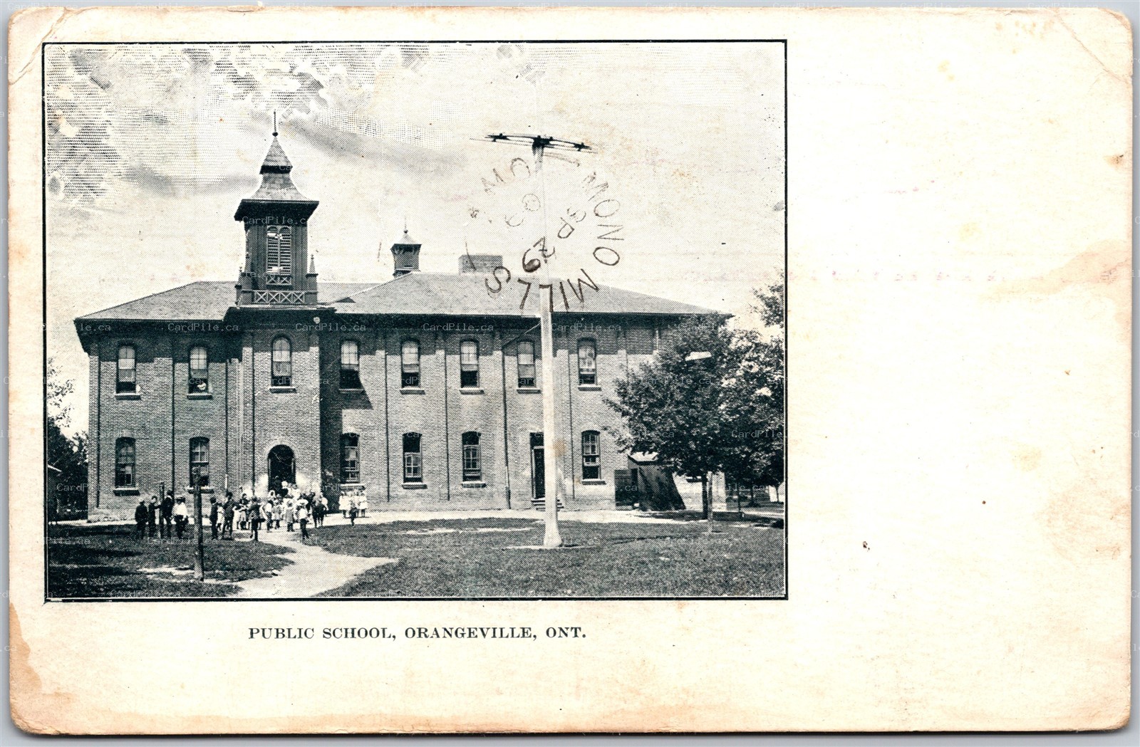 Postcard Orangeville Ontario c1906 Public School Split Ring Cancel Mono Mills