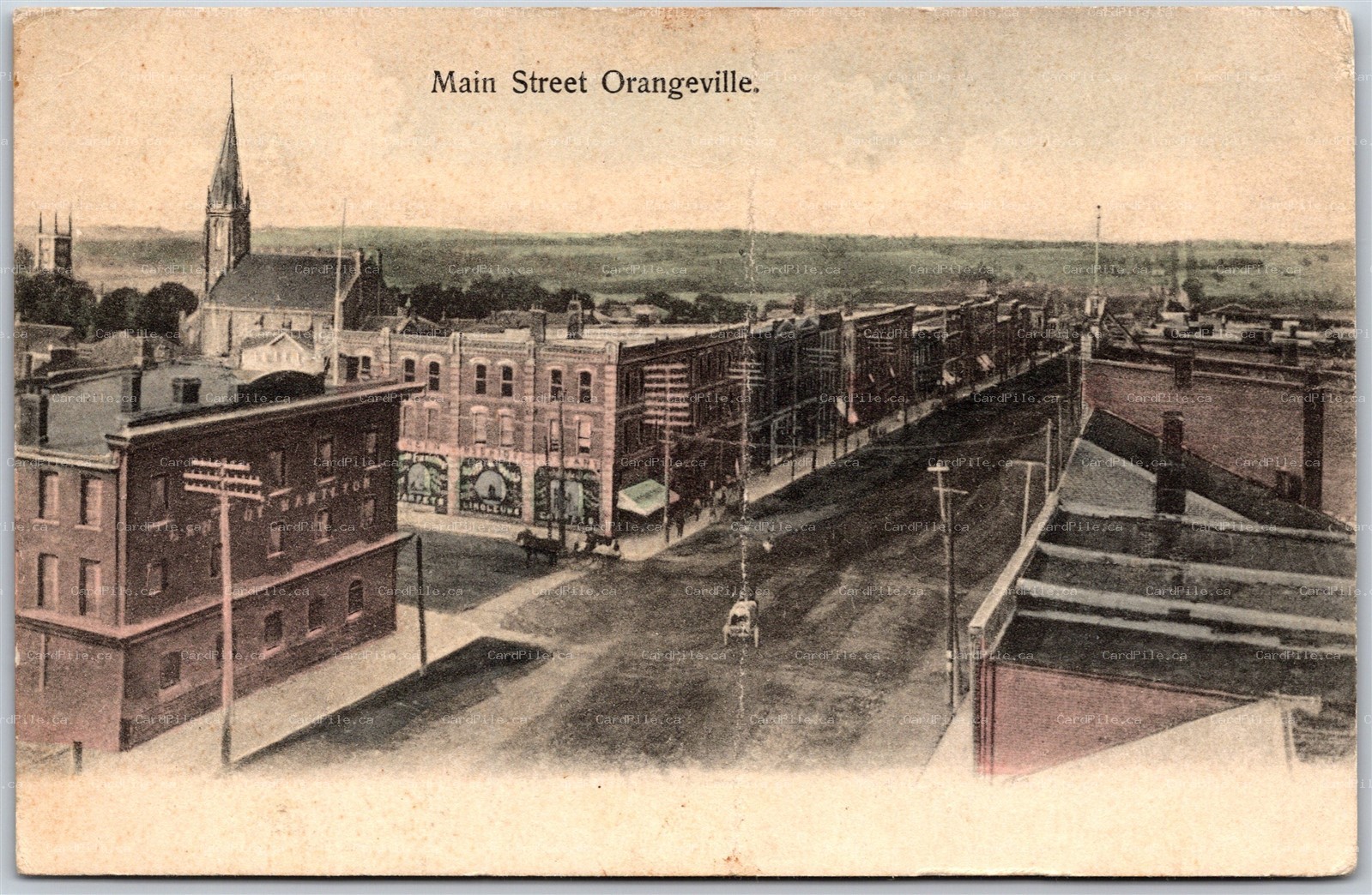 Postcard Orangeville Ontario 1908 Main Street Birds Eye View Hand Tinted *as is*