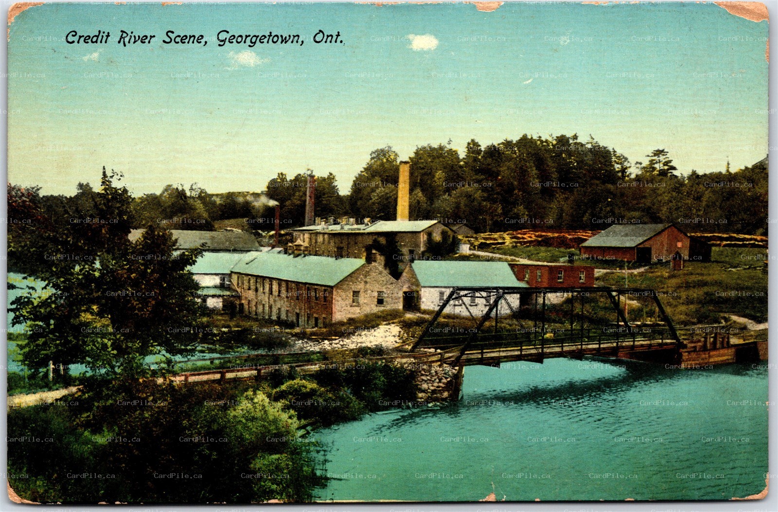 Postcard Georgetown Ontario c1916 Credit River Scene Paper Mill Bridge Halton