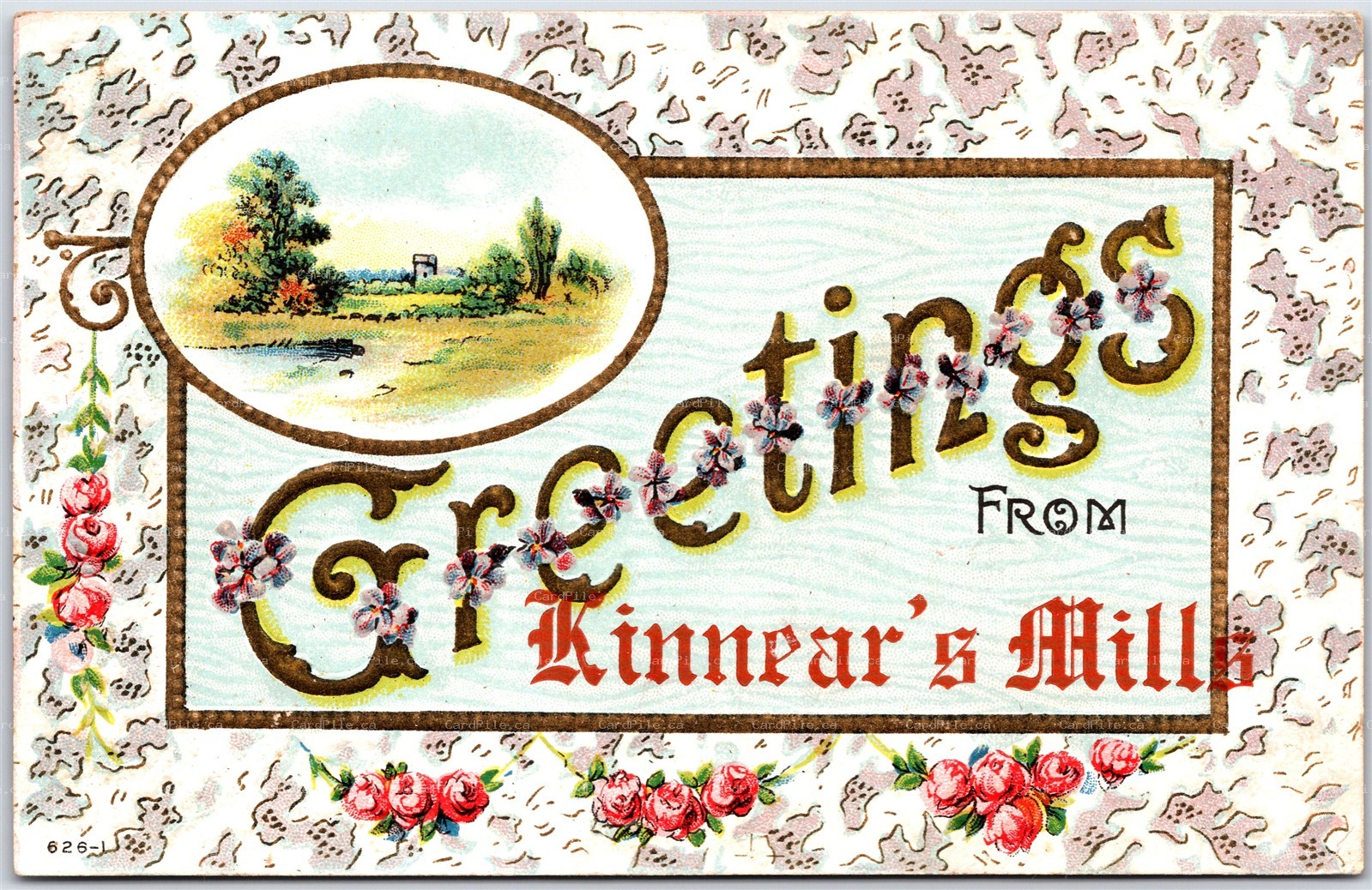 Postcard c1911 Greetings From Kinnear's Mills Quebec Embossed Split Ring Cancel