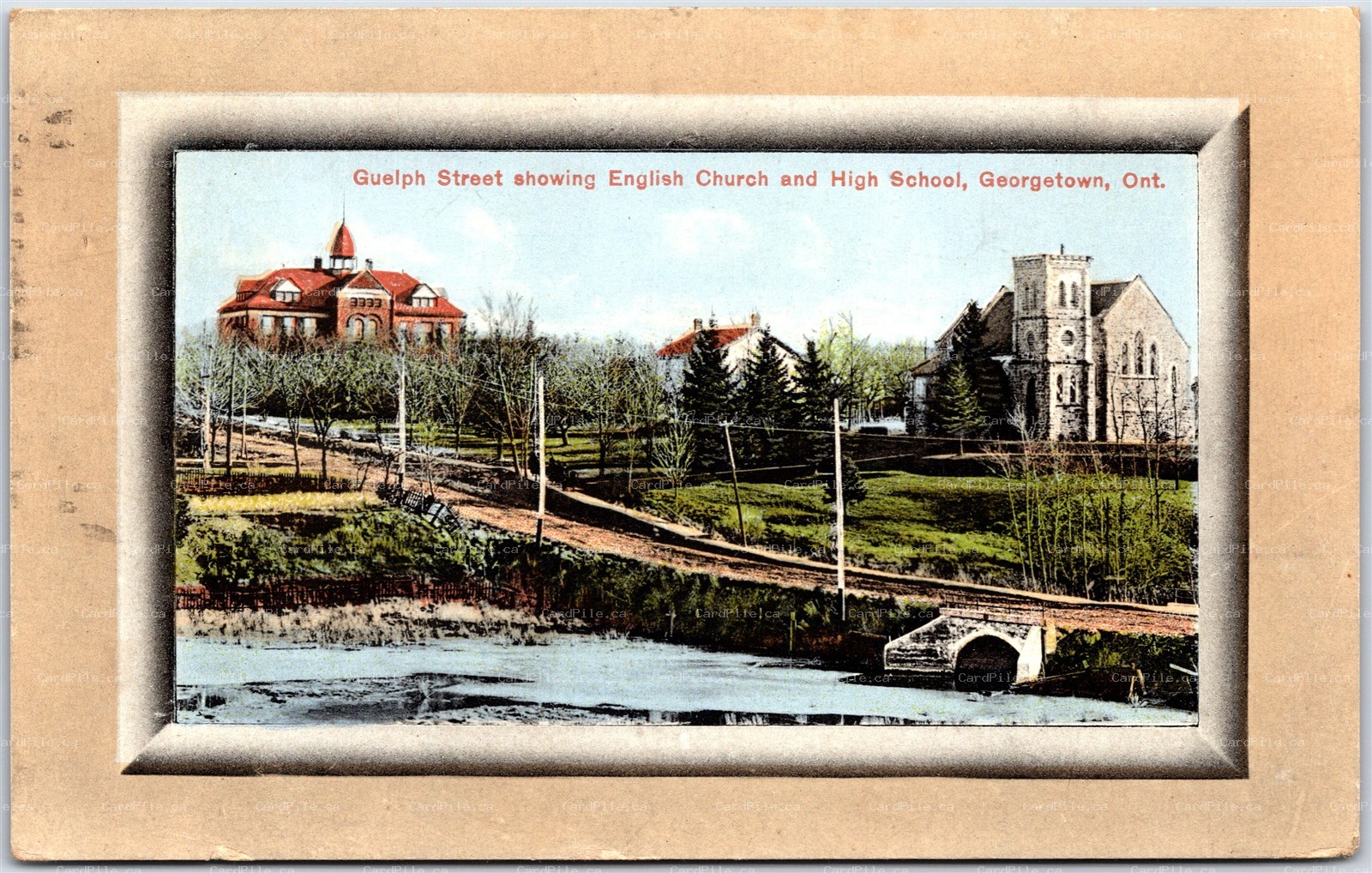 Postcard Georgetown Ontario Guelph Street Showing English Church and High School