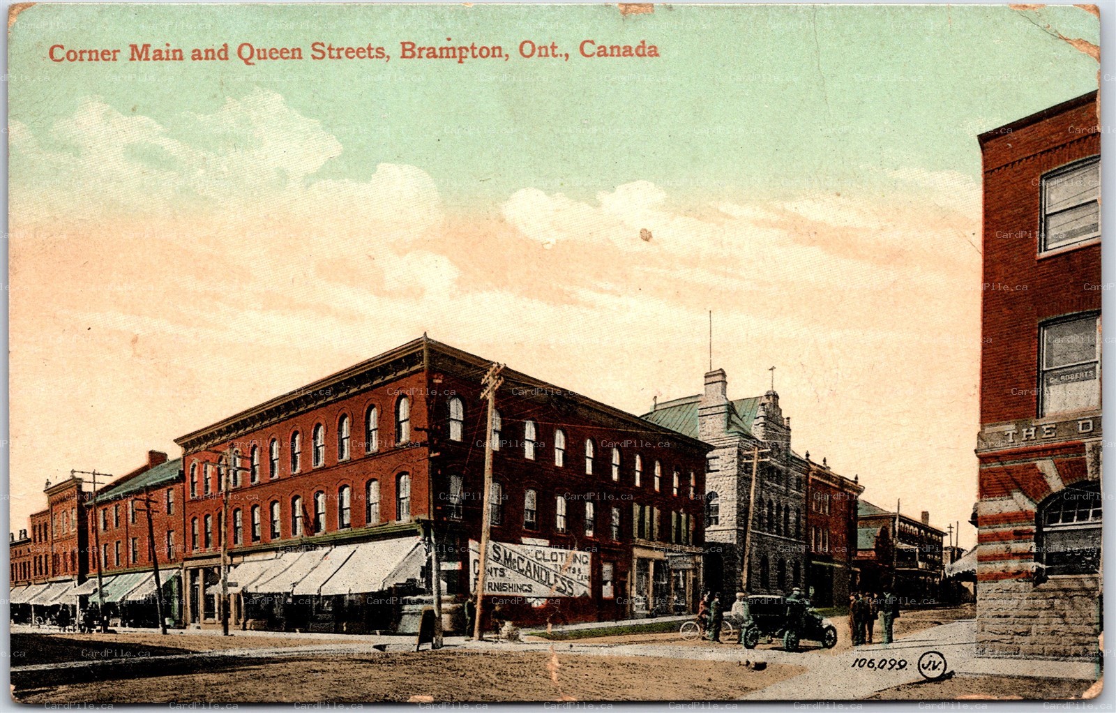 Postcard Brampton Ontario c1913 Corner Main and Queen Streets Split Ring *as is*