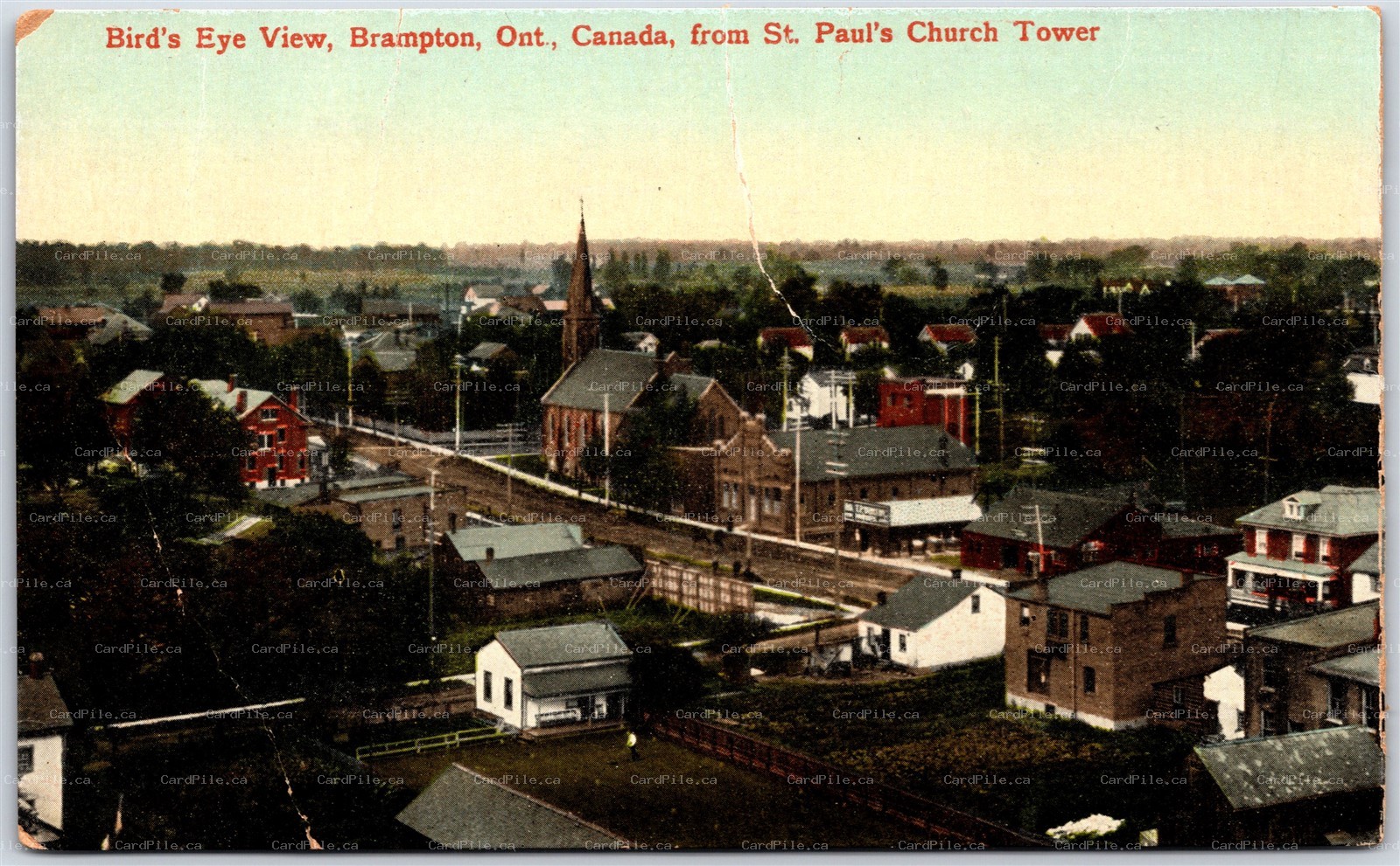 Postcard Brampton Ontario Birds Eye View From St. Paul's Church Tower *as is*