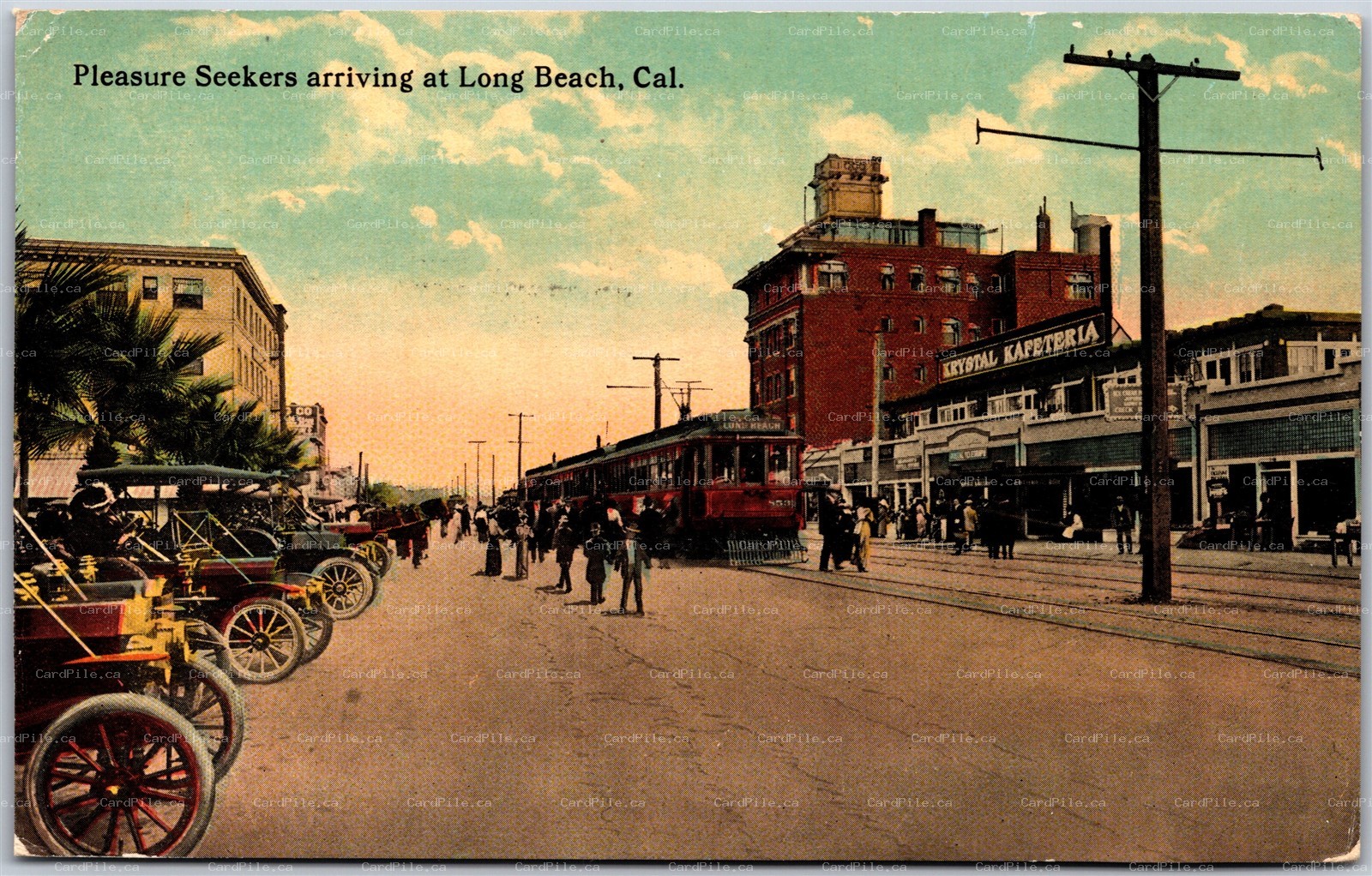 Postcard Long Beach California c1916 Pleasure Seekers Arriving Tram Kafeteria