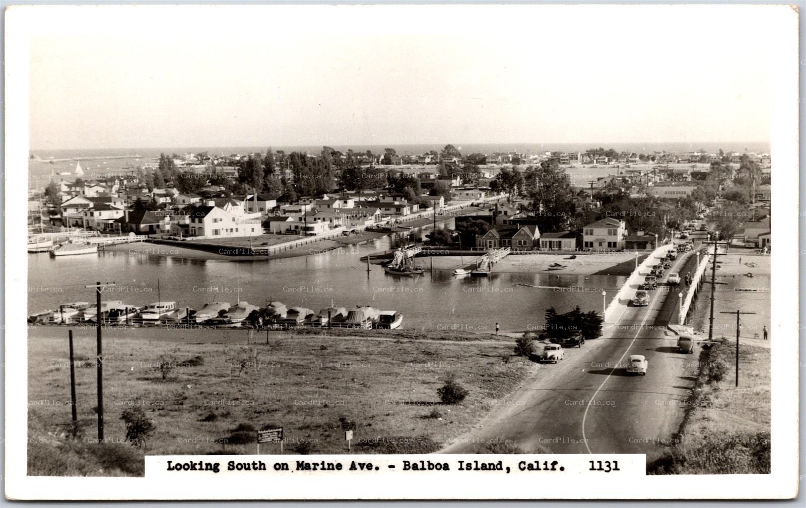 Postcard RPPC Balboa Island California Looking South on Marine Ave. Old Cars
