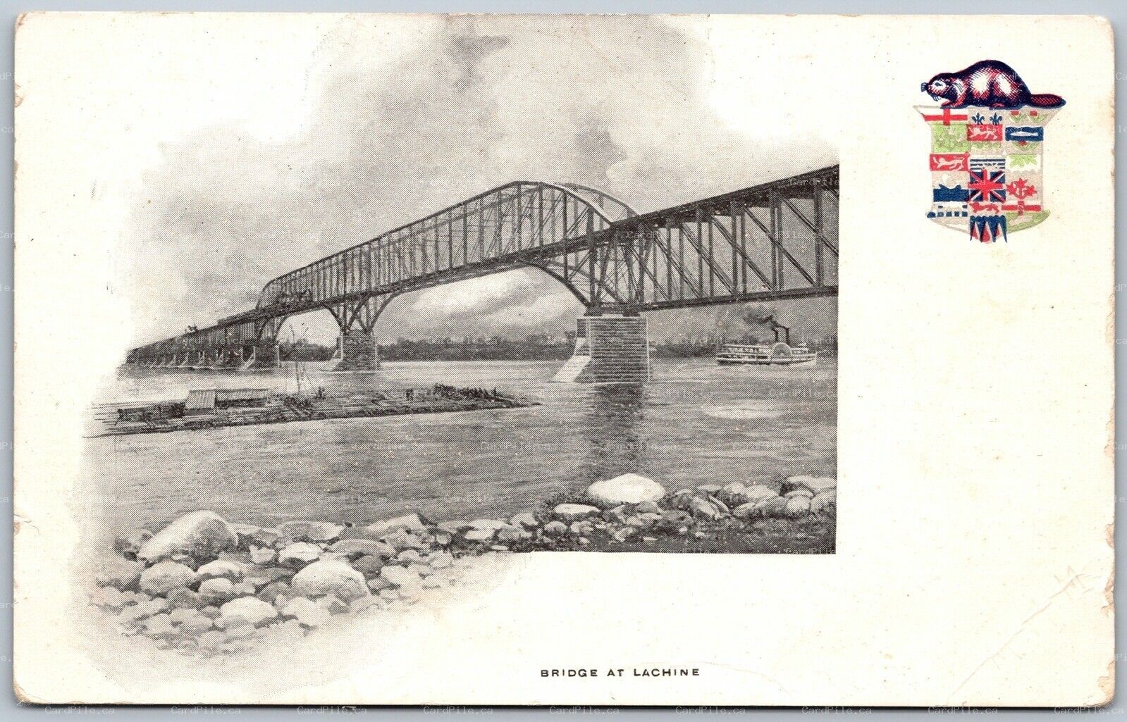 Postcard Lachine Quebec c1905 View of Bridge Patriotic Crest with Beaver UDB