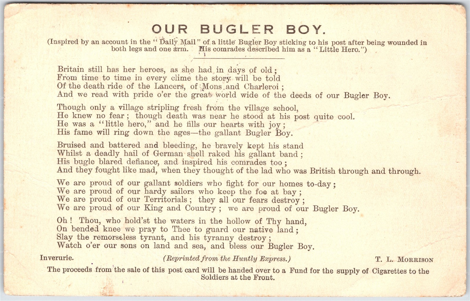 Postcard c1914 WW1 "Our Bugler Boy" Cigarettes Fund for Soldiers at the Front