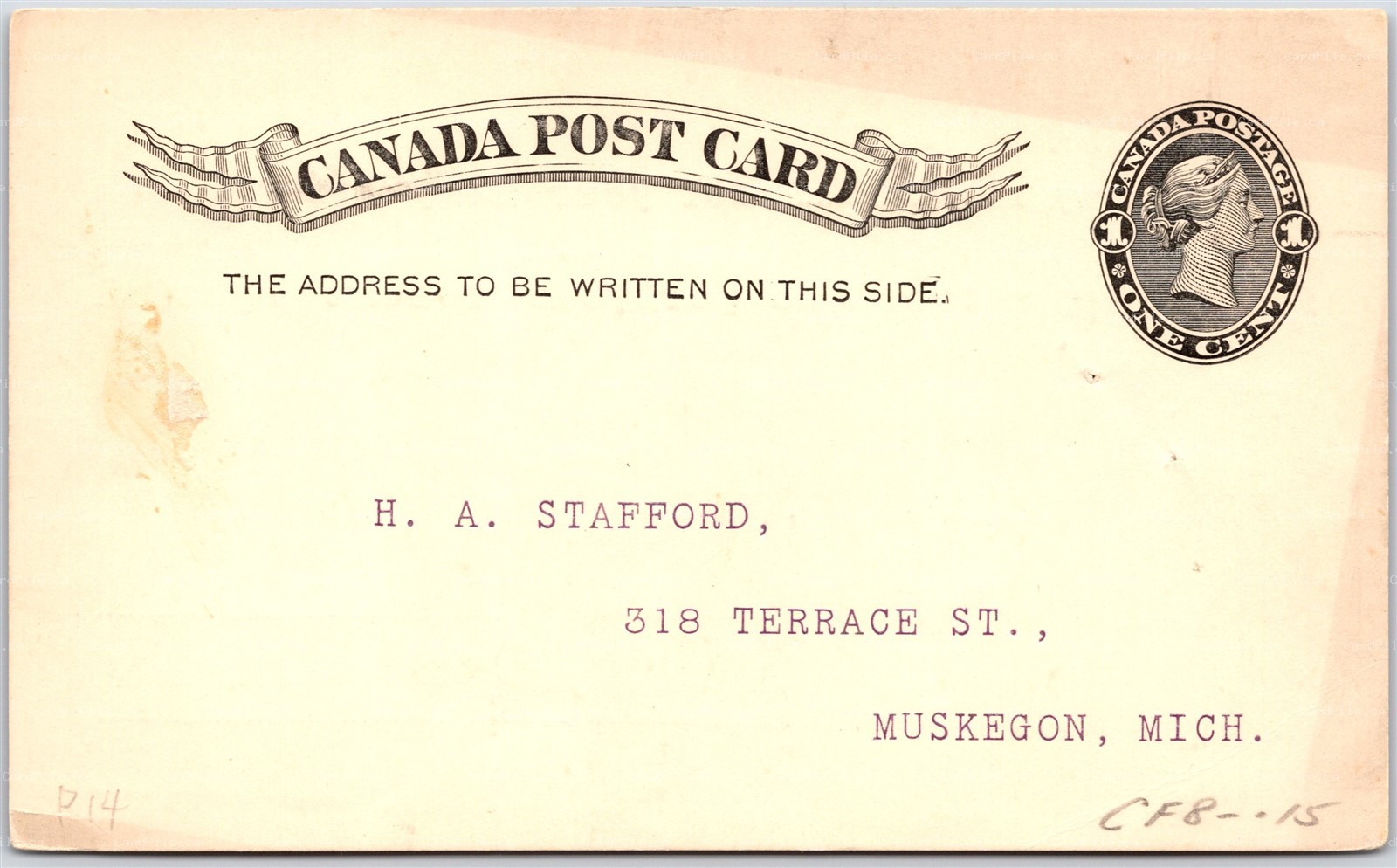 Postcard c1896 #P14 1c Black Rosette London Ontario Easy Car Pushers to Muskegon