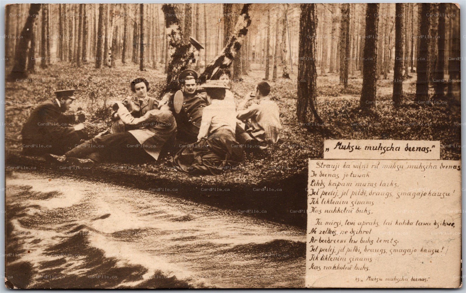 RPPC c1909 Riga Latvia Soldiers Picnic Poem Mūsu dzīves dienas to St. Petersburg