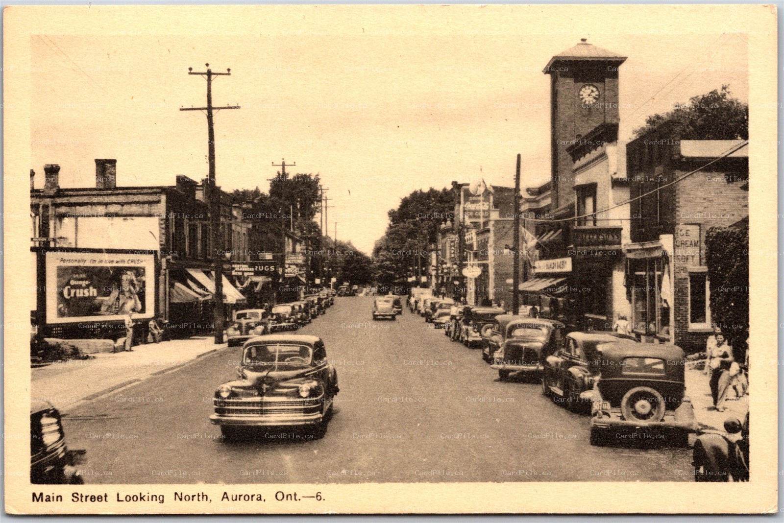 Postcard Aurora Ontario c1940s Main Street Looking North Old Cars Shops York Co.