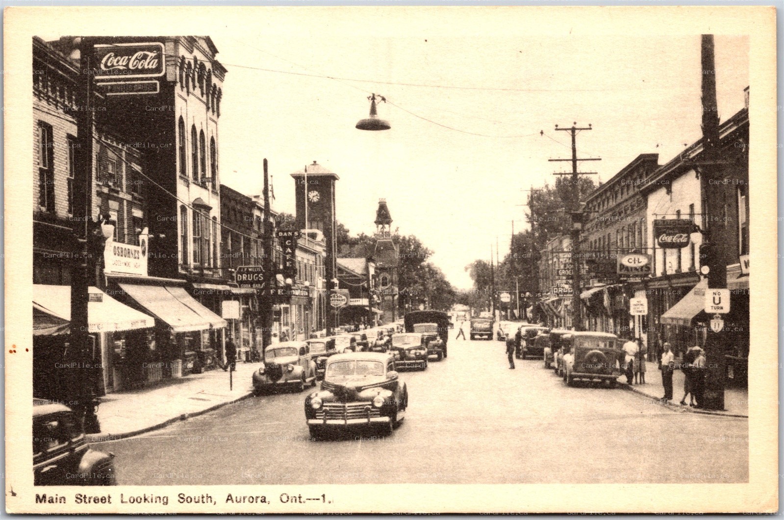 Postcard Aurora Ontario c1940s Main Street Looking South Old Cars Shops York Co.