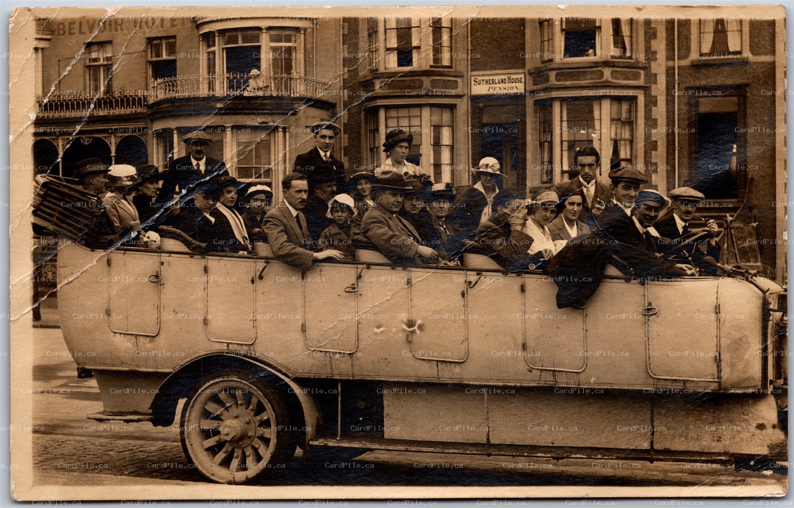 Postcard RPPC England? Scotland? Charabanc Bus with Tourists *as is*