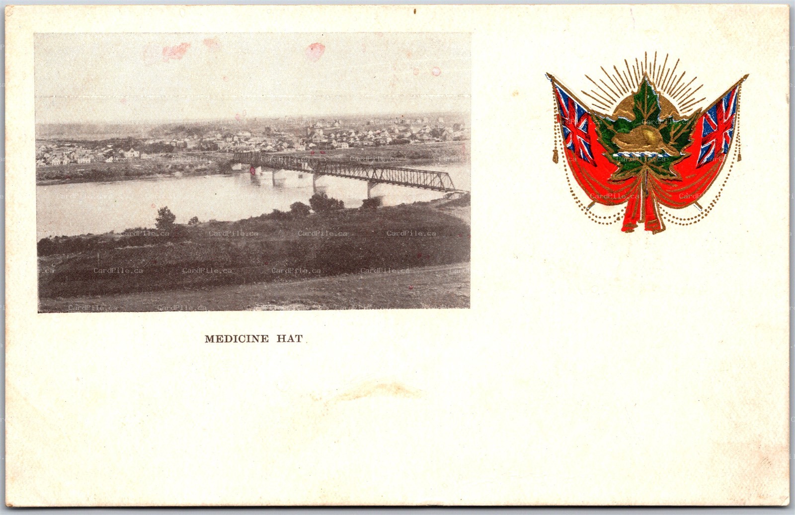 Postcard Medicine Hat Alberta c1900s Bridge Town View Patriotic Empire Upon Flag