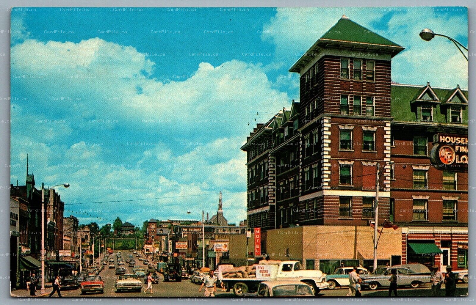 Postcard Kenora Ontario c1963 Main Street Old Cars Five Roses Flour Truck Shops