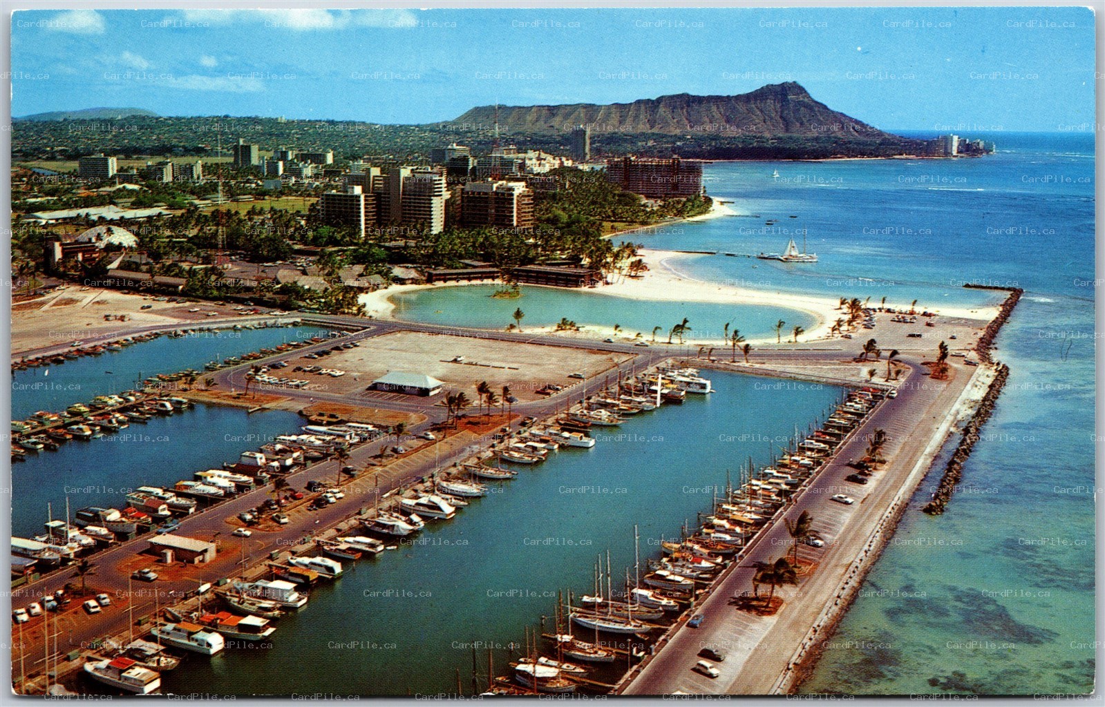 Postcard Honolulu Hawaii Yacht Harbor Aerial View Boats Waikiki Hotel District