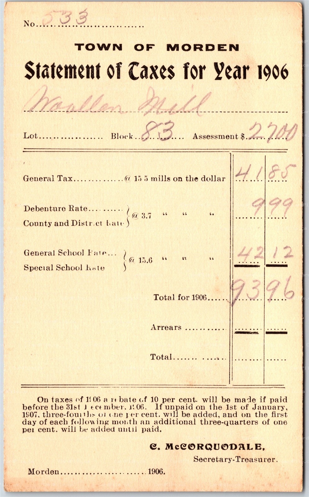 Postcard Morden Manitoba 1906 Statement of Town Taxes Block 83