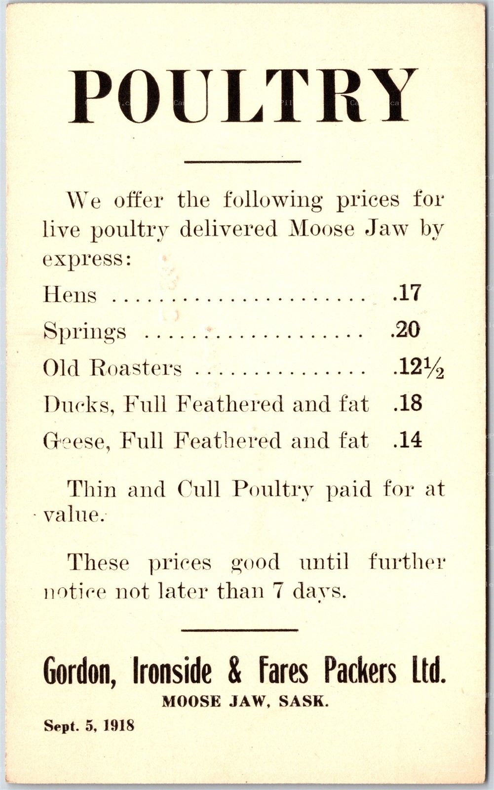 Postcard c1918 Moose Jaw Saskatchewan Gordon Ironside & Fares Packers Poultry