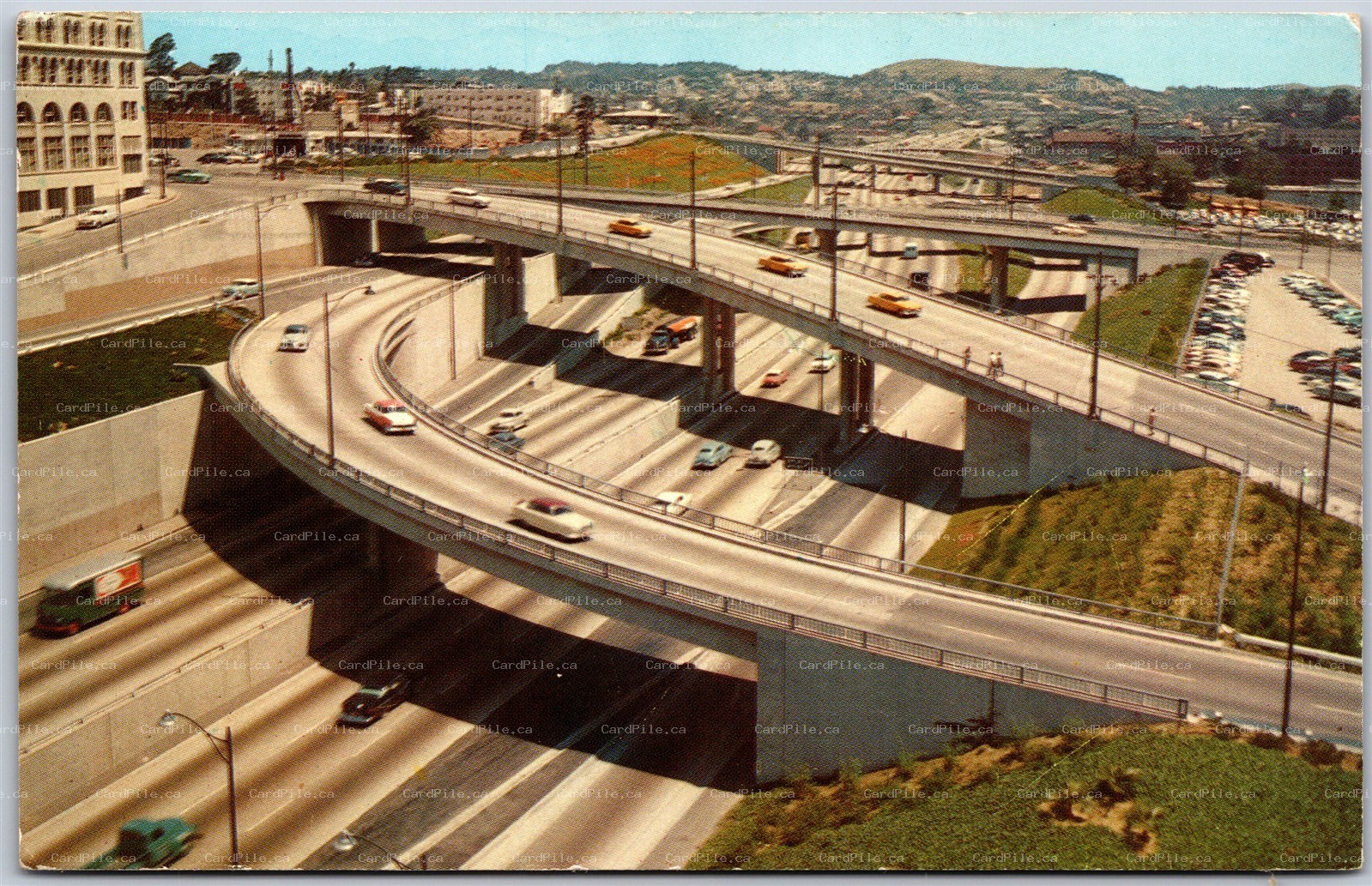 Postcard Los Angeles California c1960 Harbor Freeway Looking East Old Cars