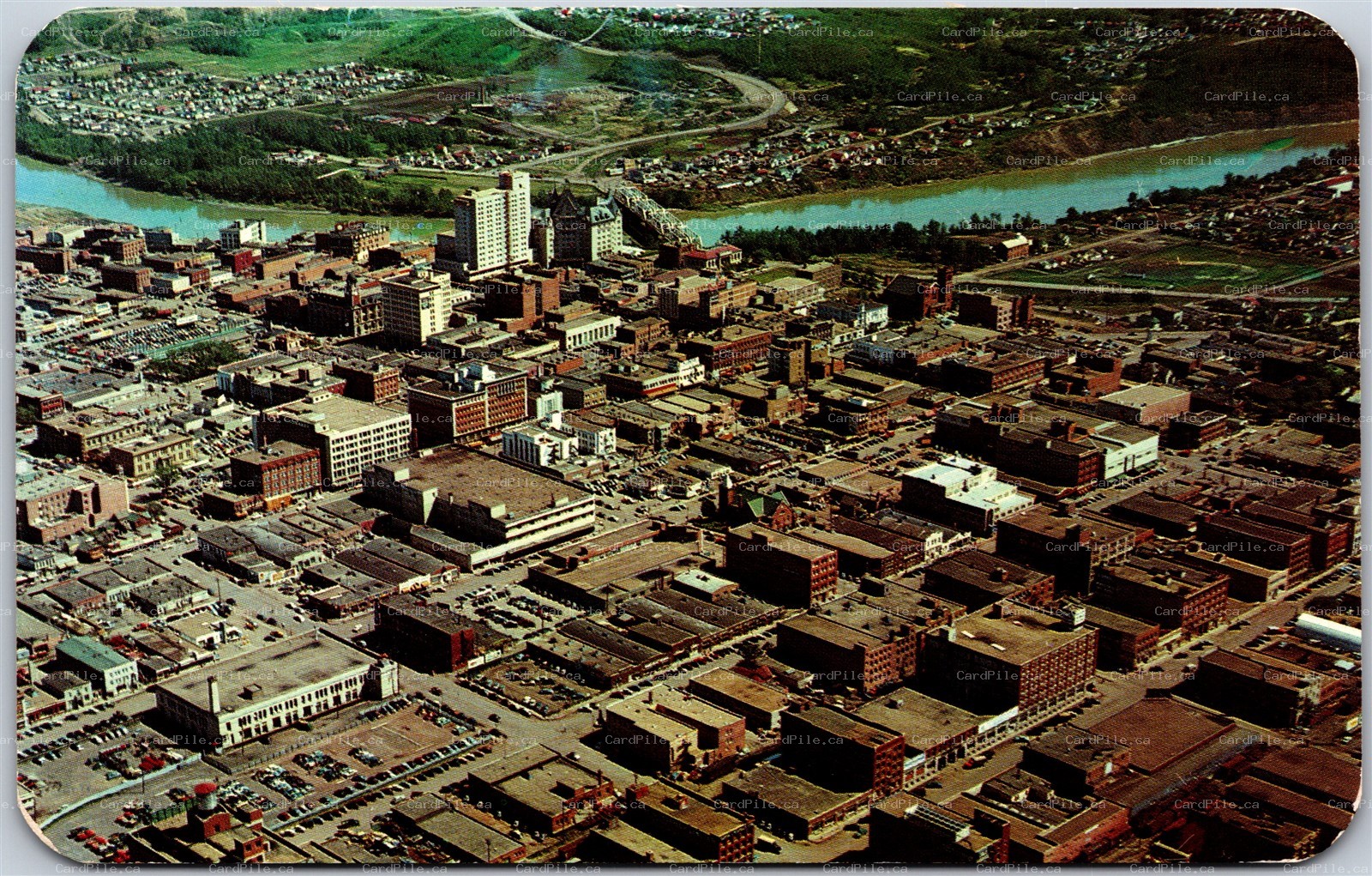 Postcard Edmonton Alberta c1956 Aerial View Main Business Section Metered Cancel