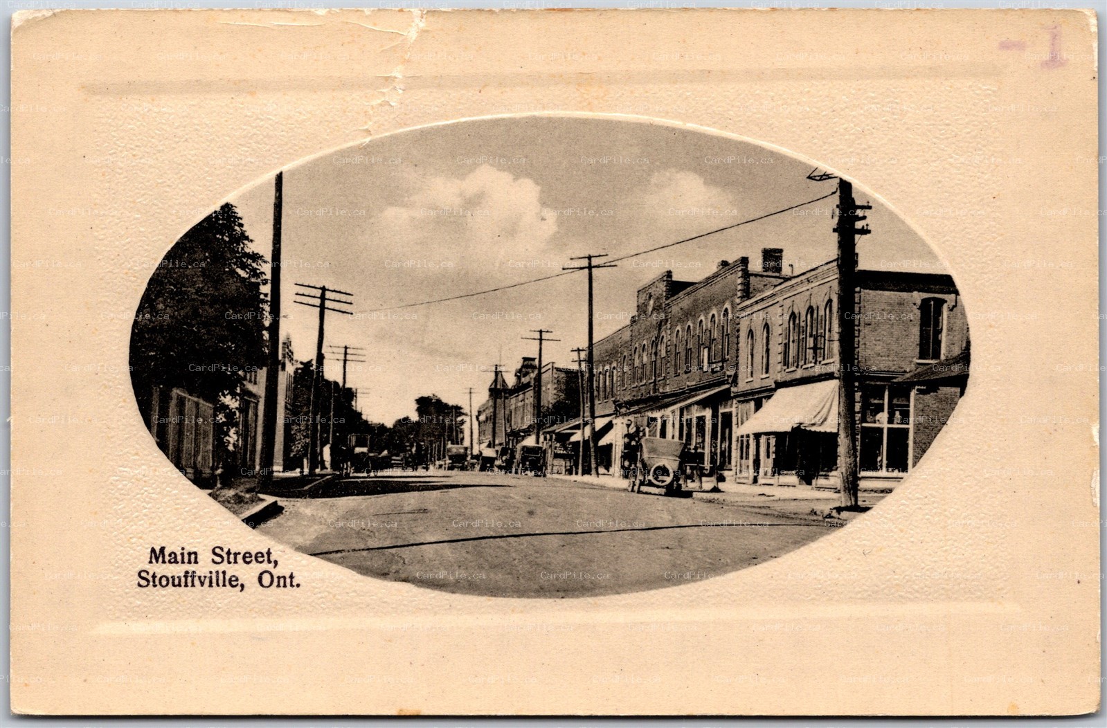 Postcard Stouffville Ontario 1910s Main Streen Embossed Oval York County *as is*