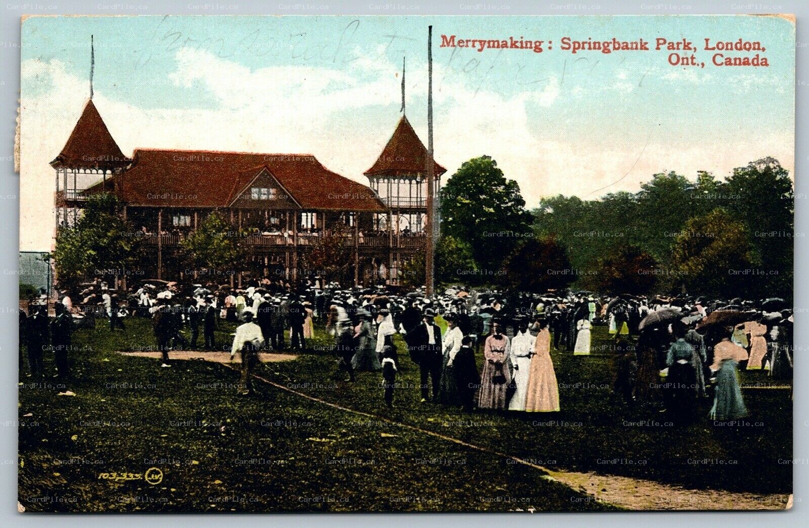 Postcard London ONT c1914 Merrymaking Springbank Park View of Pavilion Lawns
