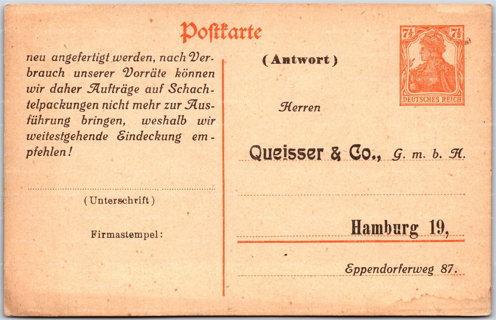 Postcard Hamburg Germany c1910s Queisser & Co GmbH Advertisement Price List