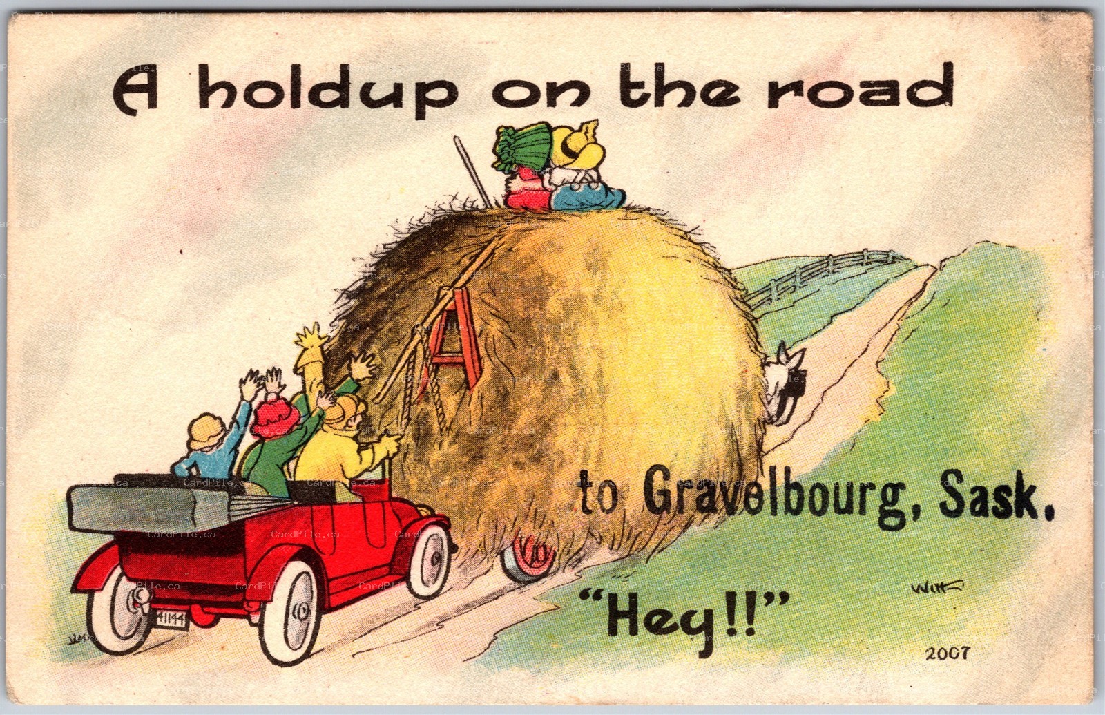 Postcard A Holdup on the Road to Gravelbourg Saskatchewan "Hey" Artist Signed