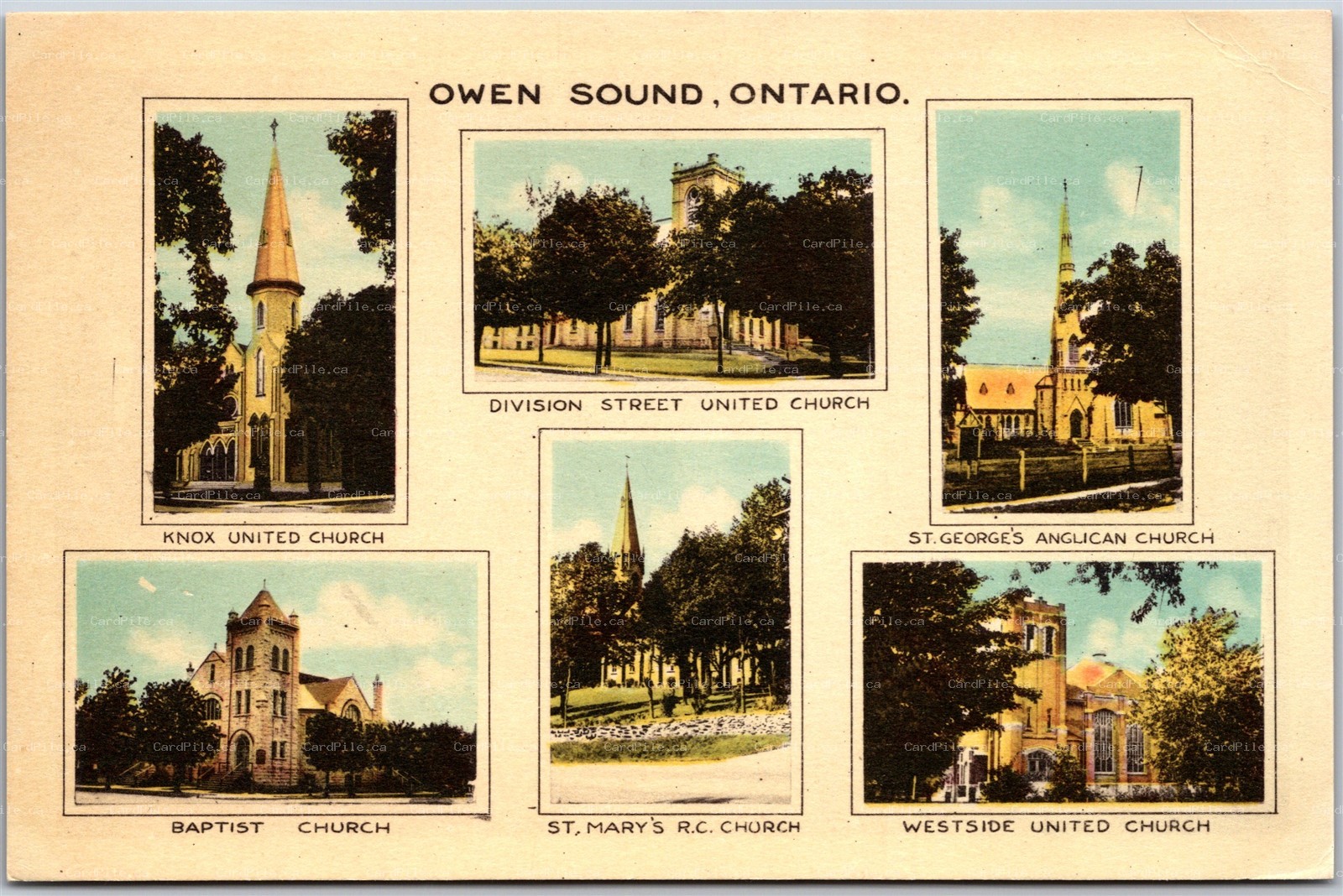 Postcard Owen Sound Ontario c1930s Multi View of 6 Churches Grey County by PECO