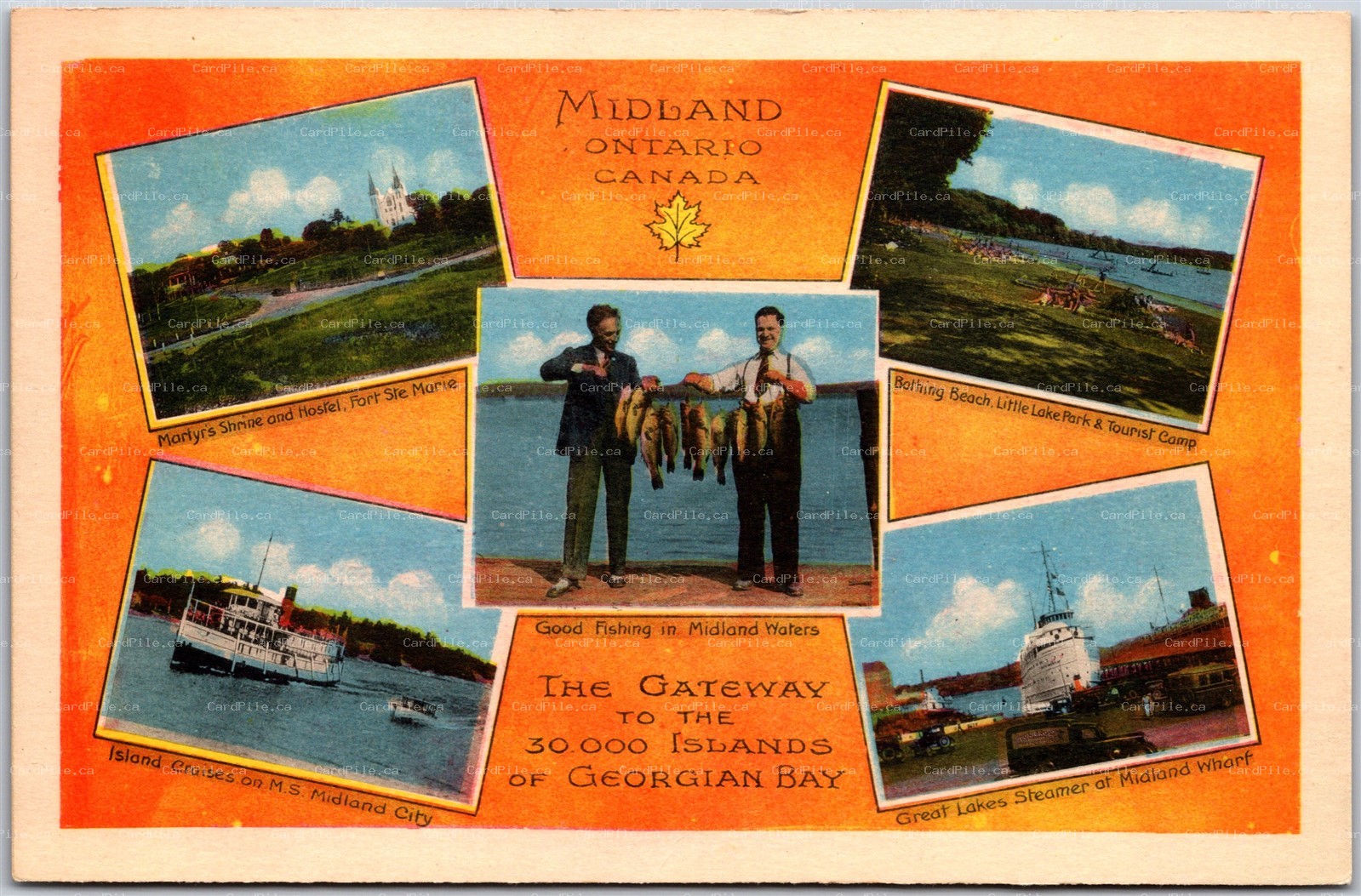 Postcard Midland Ontario Multi View Beach Camp Fishing Steamers Shrine Tourism