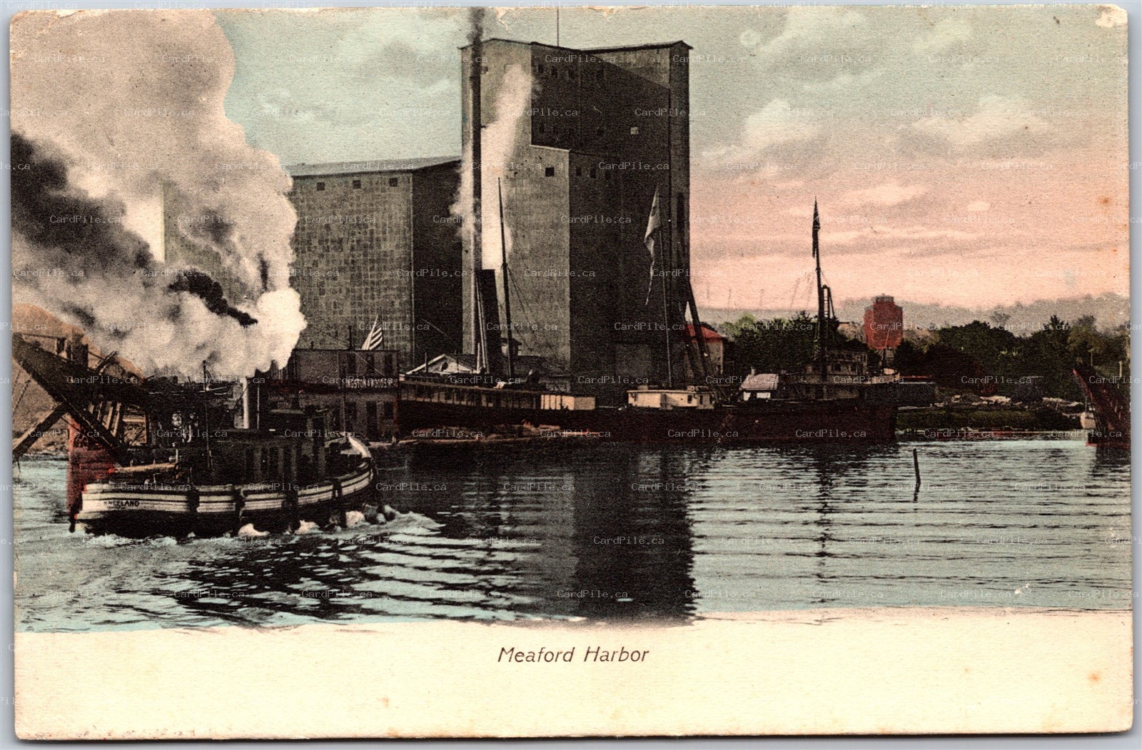 Postcard Meaford Ontario c1908 View Of The Harbor Tug Boat Grain Elevator
