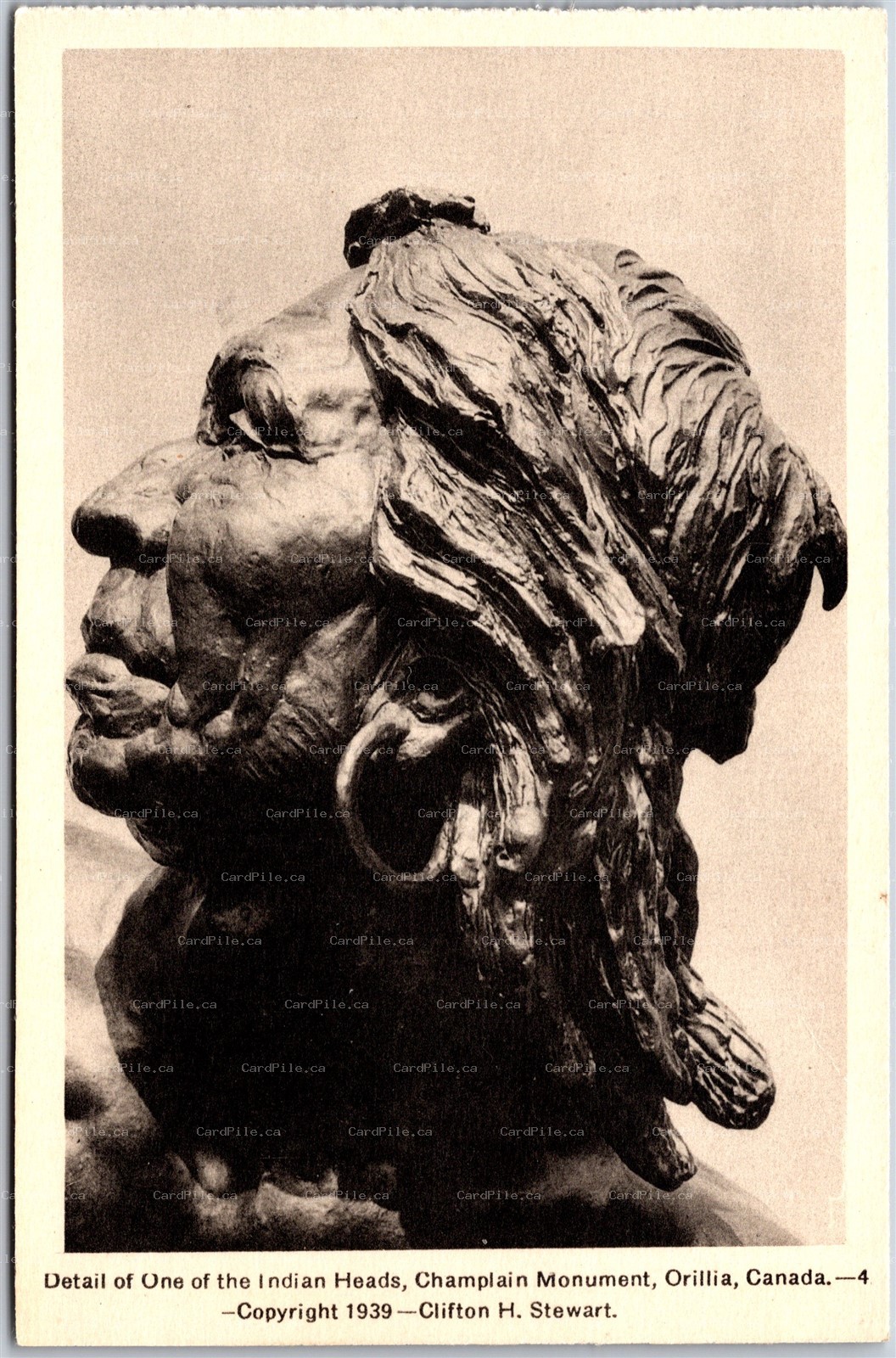Postcard Orillia Ontario Detail of One Of the Indian Heads Champlain Monument