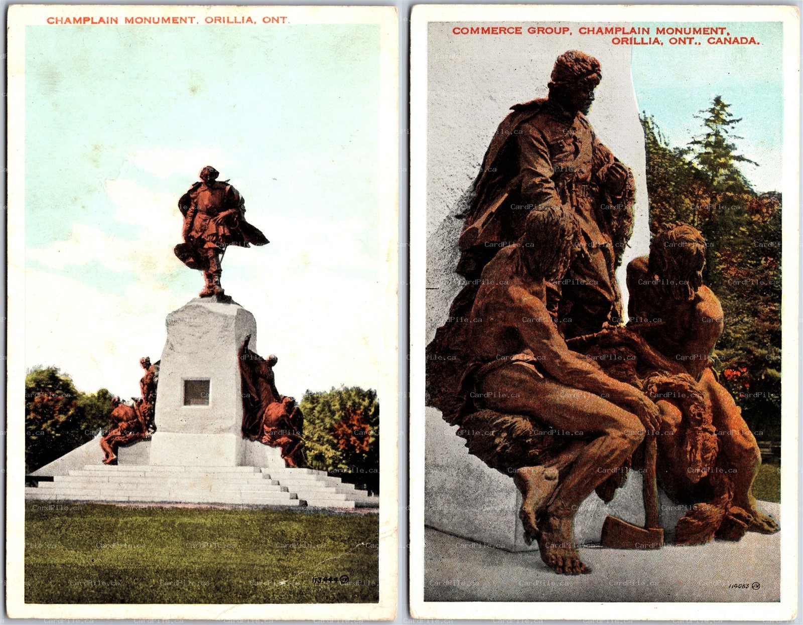 Postcard Orillia Ontario 2 Lot Champlain Monument Commerce Group Simcoe County