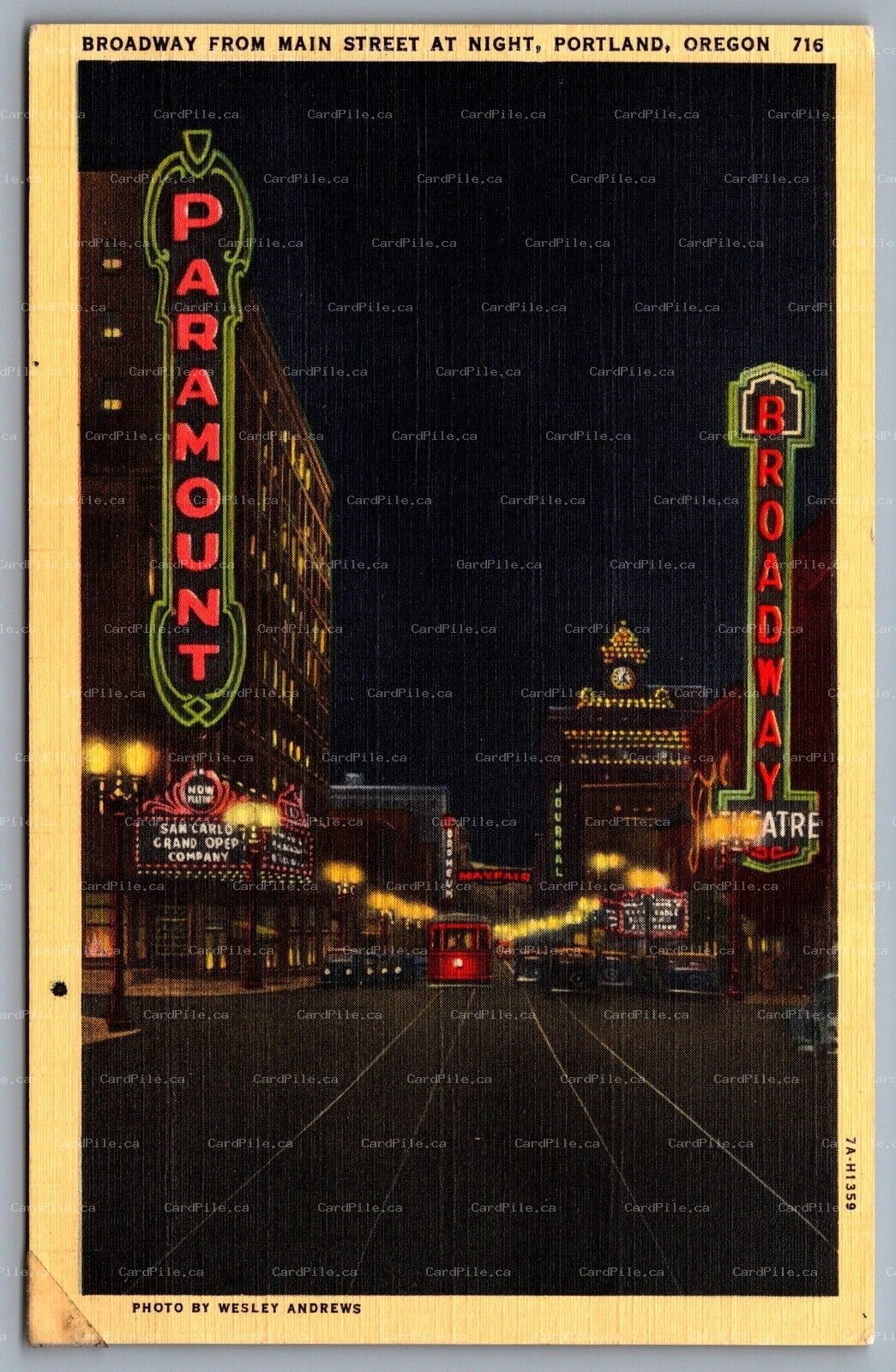 Postcard Portland OR c1937 Broadway from Main Street at Night Sam Carlo Linen