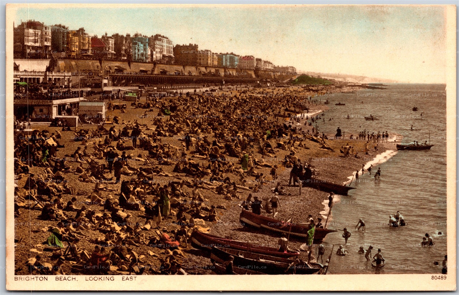 Postcard Brighton Beach United Kingdom Looking East Bathers Boats