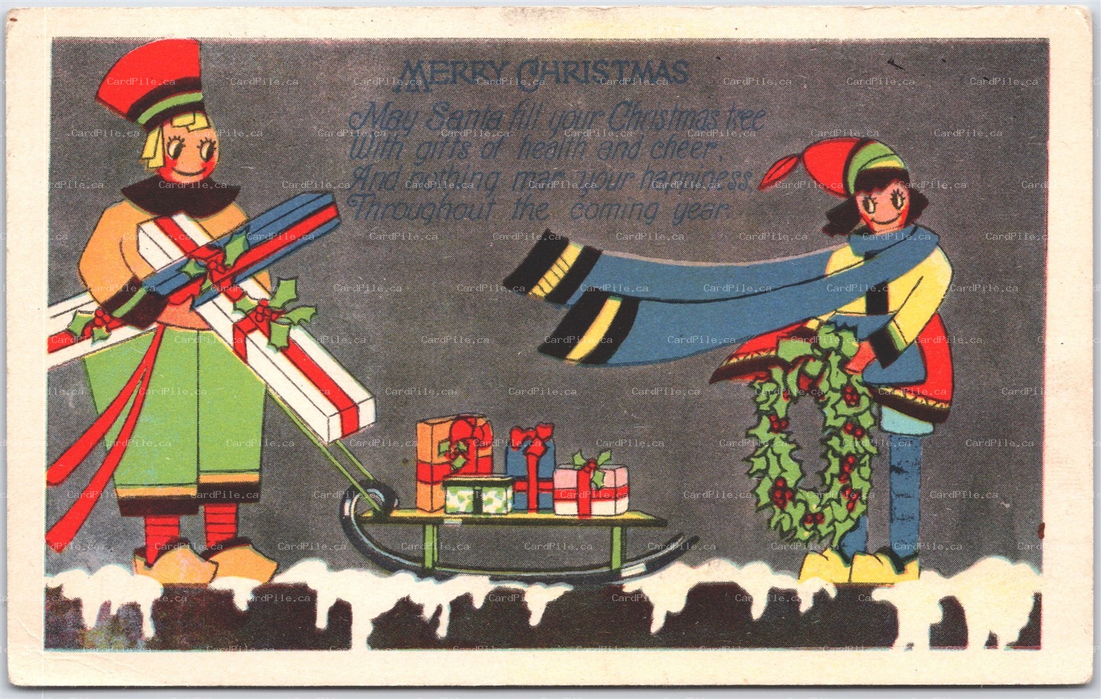 Postcard Merry Christmas Art Deco Sled Presents Holly Wreath