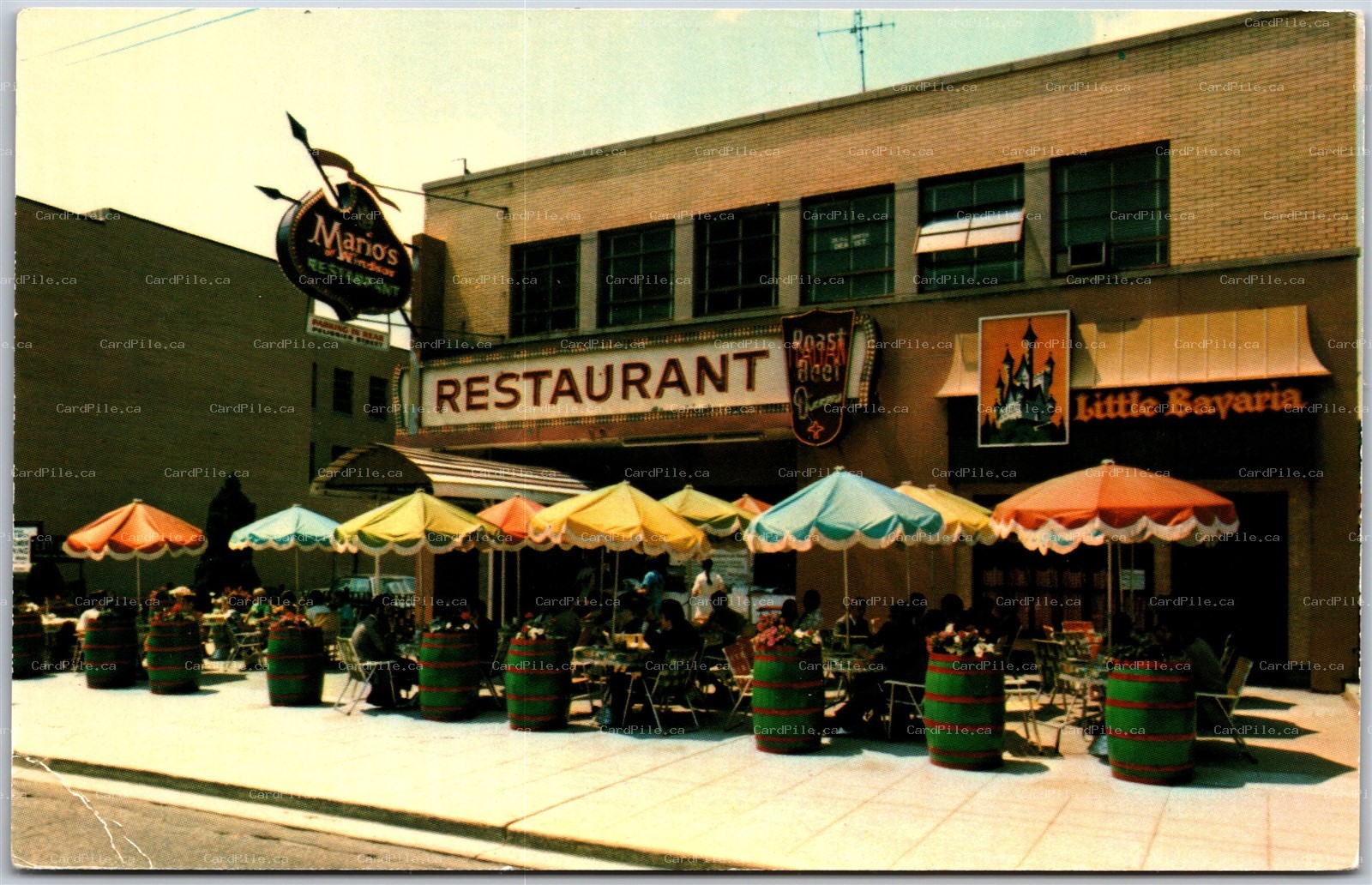 Postcard Ontario Mario's of Windsor Restaurant and Little Bavaria Ouellette Ave.