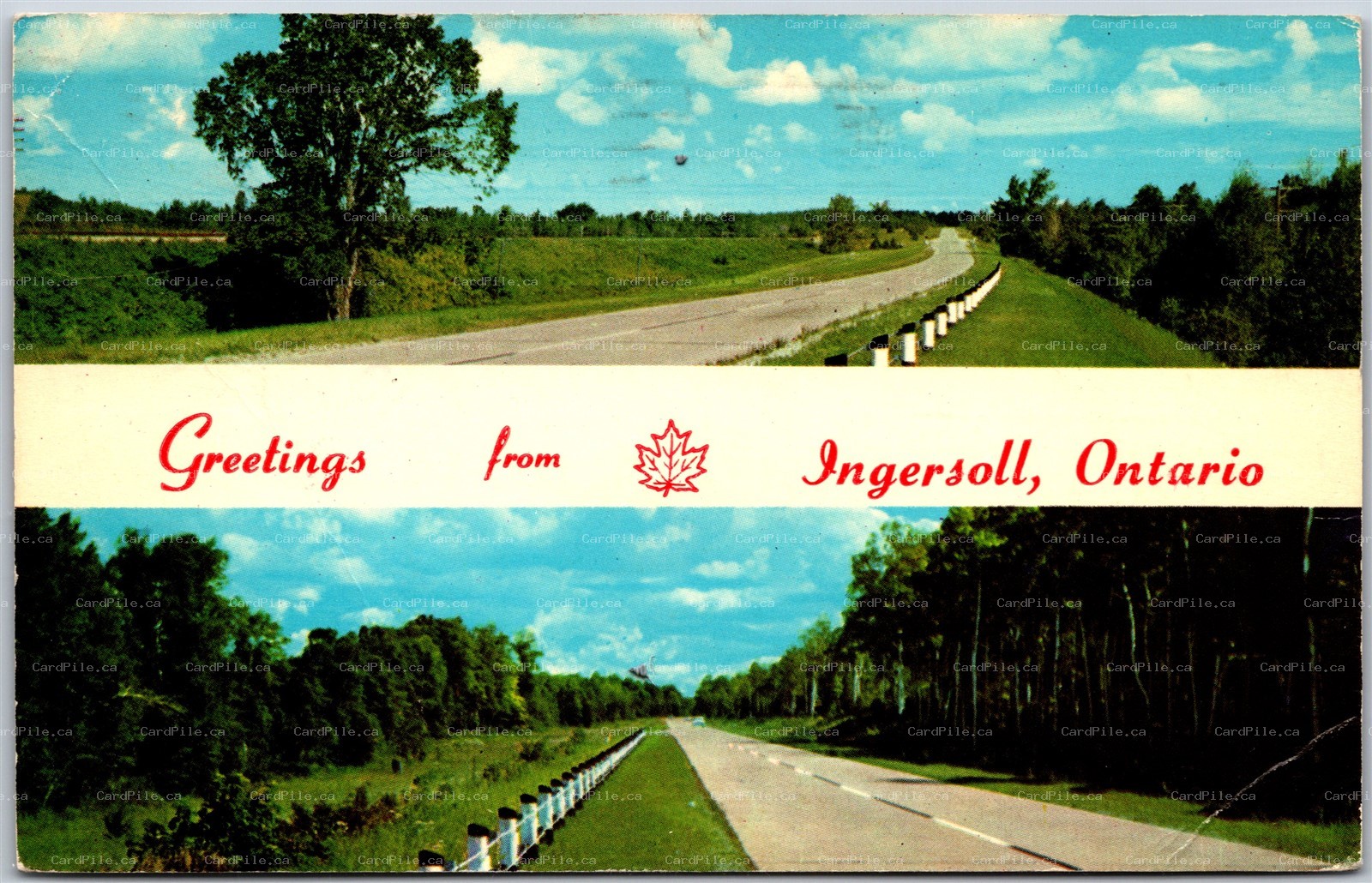 Postcard Greetings from Ingersoll Ontario c1965 Dual View Highway 401