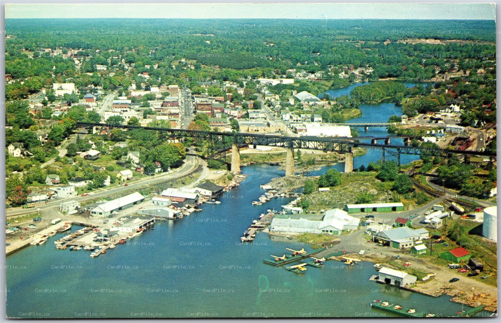 Postcard Parry Sound Ontario 1960s Panoramic View CPR Bridge Marina Float Planes