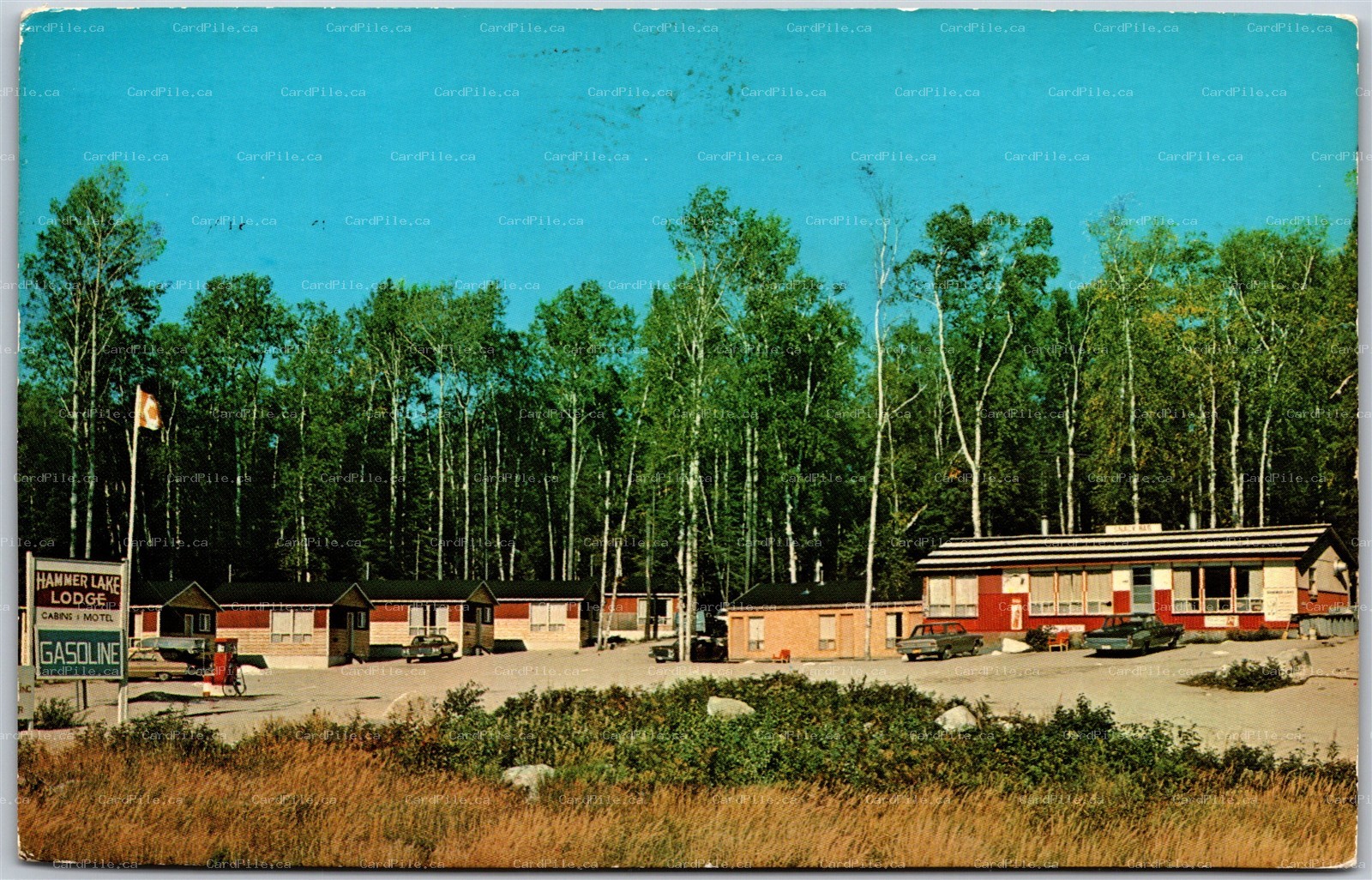 Postcard Wawa Ontario c1972 Hammer Lake Lodge Old Cars Gas Pump Highway 17